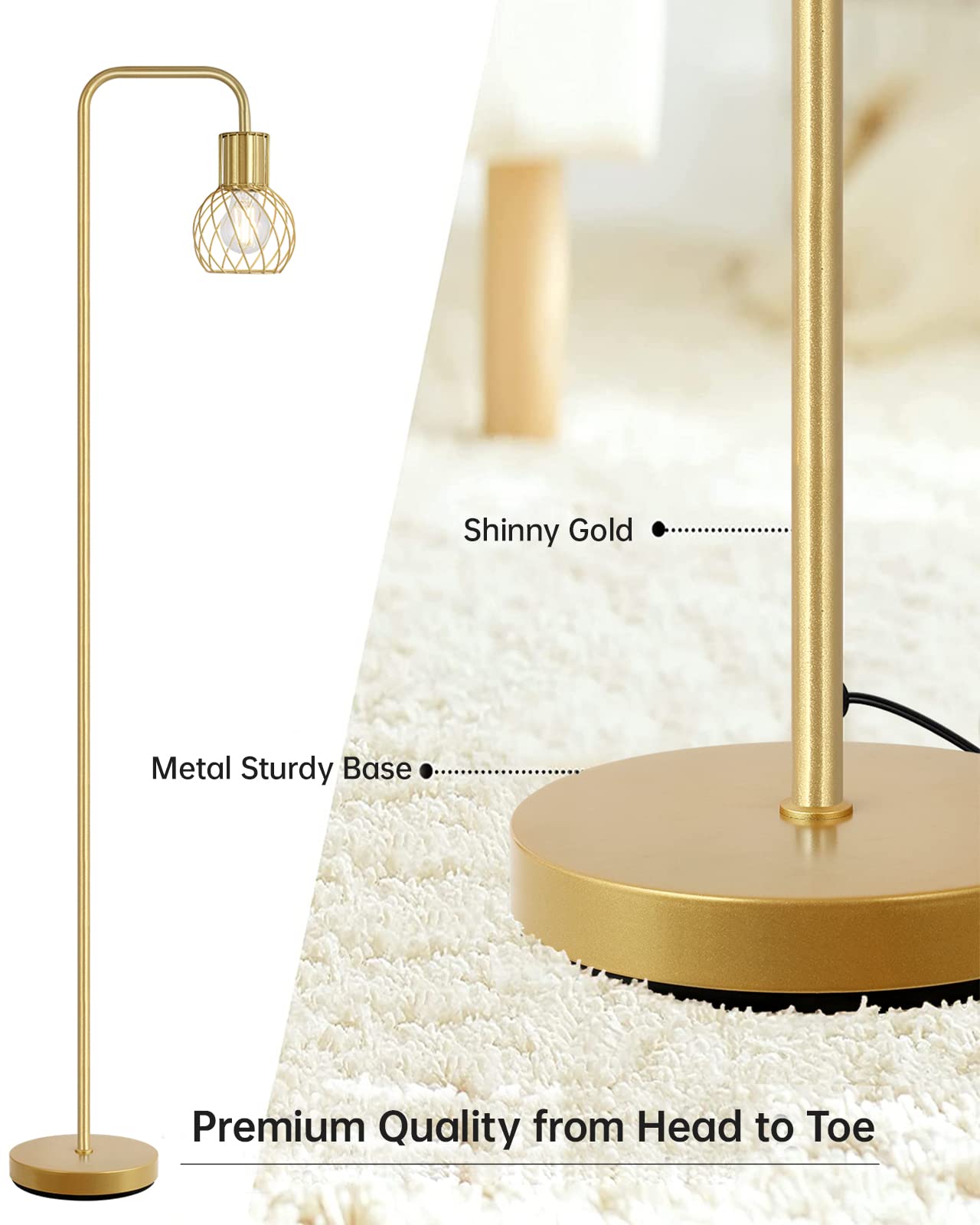 Auquee Brass Gold Floor Lamp - Modern Industrial Standing Lamp With Led Bulb & Foot Switch