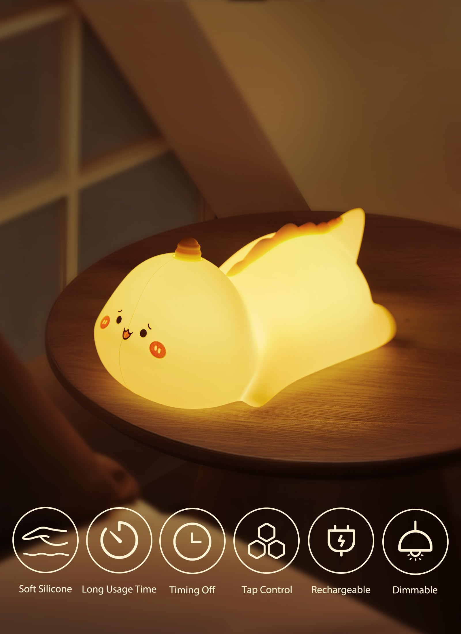 Minetom Kawaii Dinosaur Night Light For Kids, Cute Silicone Night Light With 2 Levels Of Brightness, 7 Colors Rechargeable Lamp For Bedroom, Girls And Boys, Toddler, Nursery, Baby Gifts, Tap Control