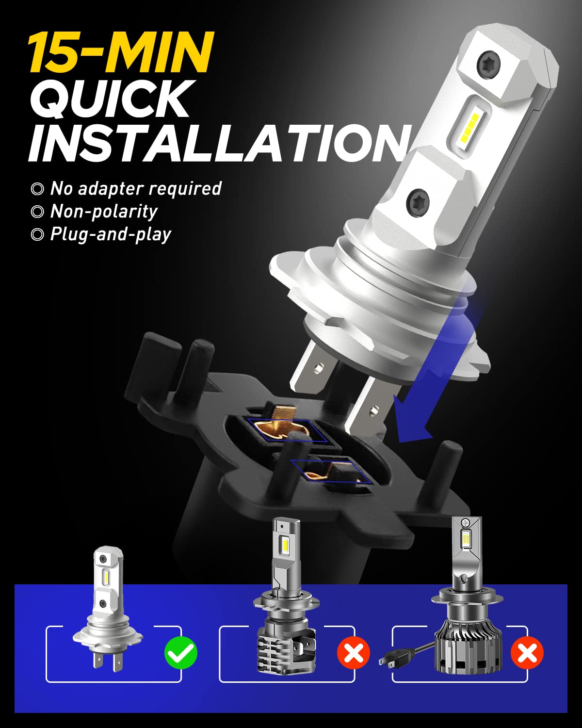 AUTOONE H7 LED Light Bulb, Super Bright 6500K, Mini Size, 10-Year Lifespan, Pack of 2