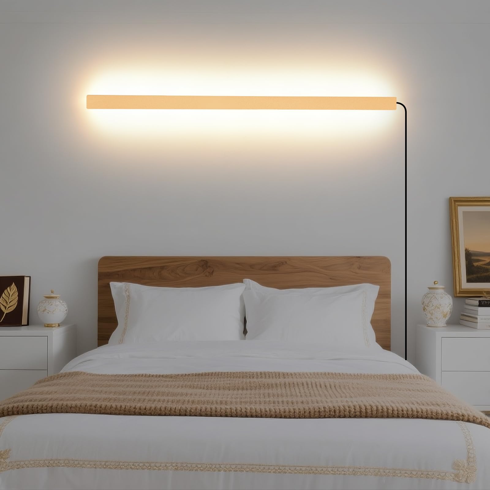 KELUOLY Modern Plug in Long Wall Sconce  39 Gold Matte LED Wall Lights  20W Warm White 3000K Acrylic Indoor Wall lamp  with 59 Plug Cable for Bedroom  Living Room  Hallway