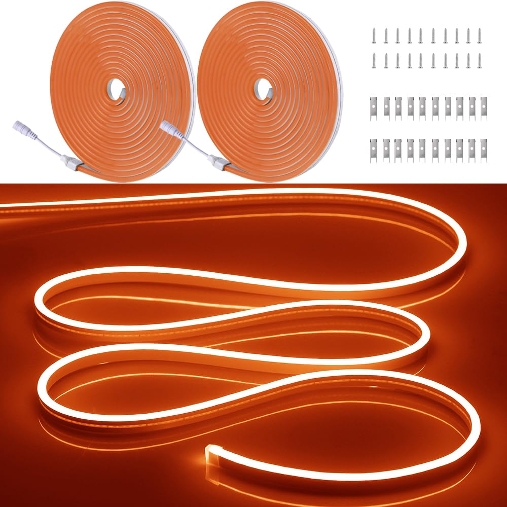 OWOFYDR 32.8FT/10M/2PCS Orange LED Neon Light Strip with Installation Accessories - Flexible Waterproof 12V DC Rope Lights for E