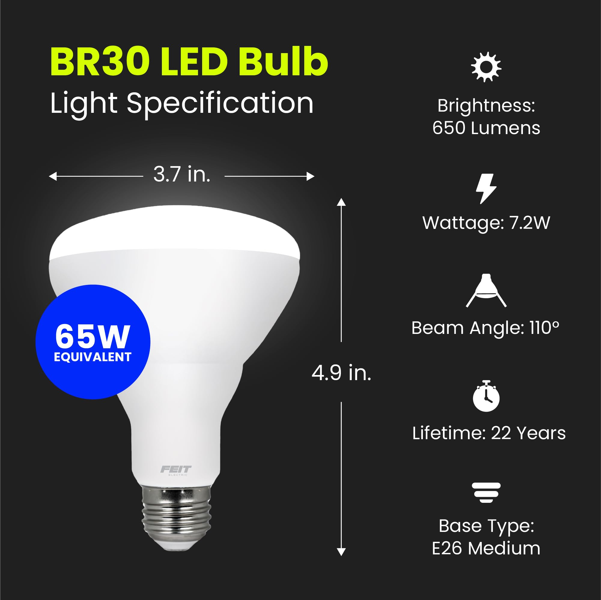 Feit Electric Br30 Led Light Bulb, 65W Equivalent, Dimmable, 650 Lumens, E26 Standard Base, 5000K Daylight, 90 Cri, Recessed Can