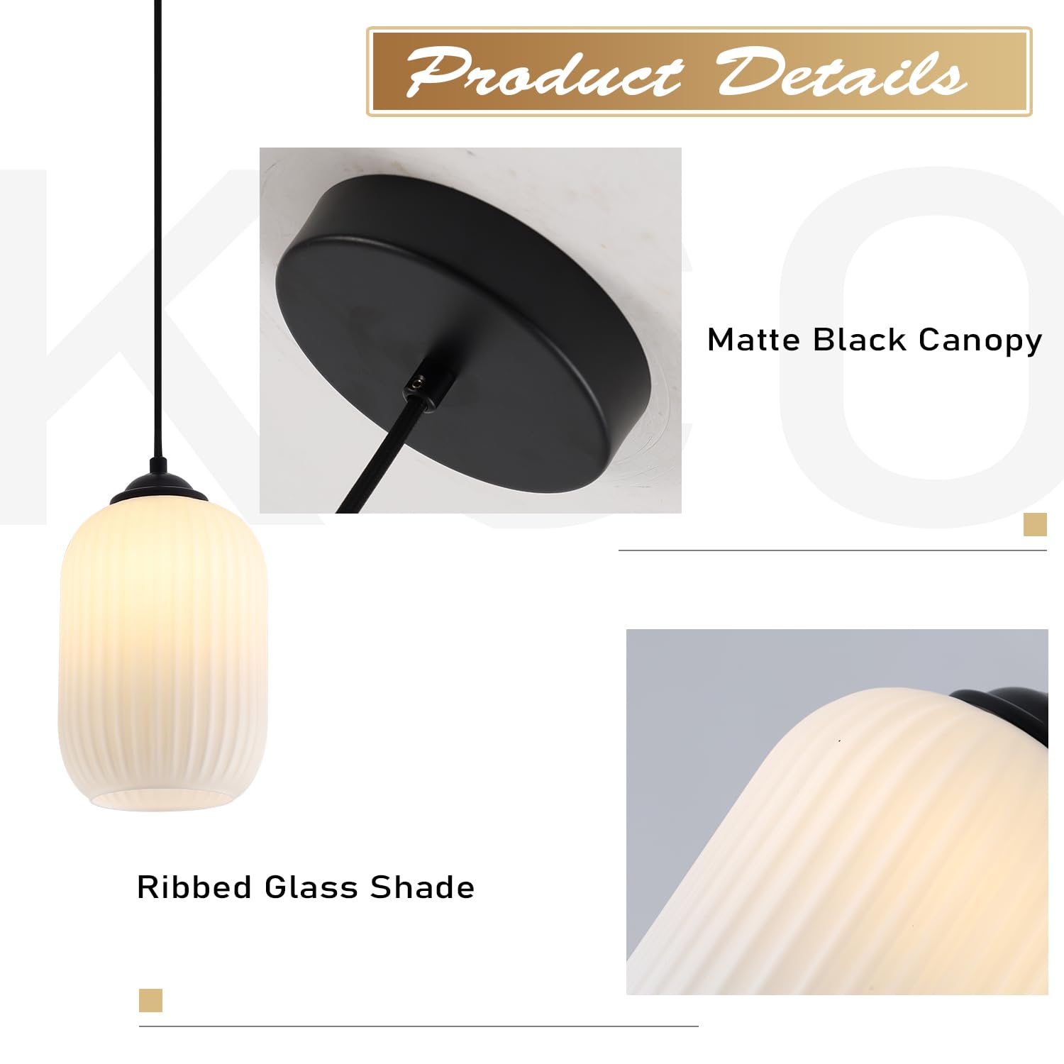 Kco Lighting Small Striped Glass Pendant Light Mini Matte Black Pendant Light Fixture 1-Light Milk Glass Pendant Light Modern Fa