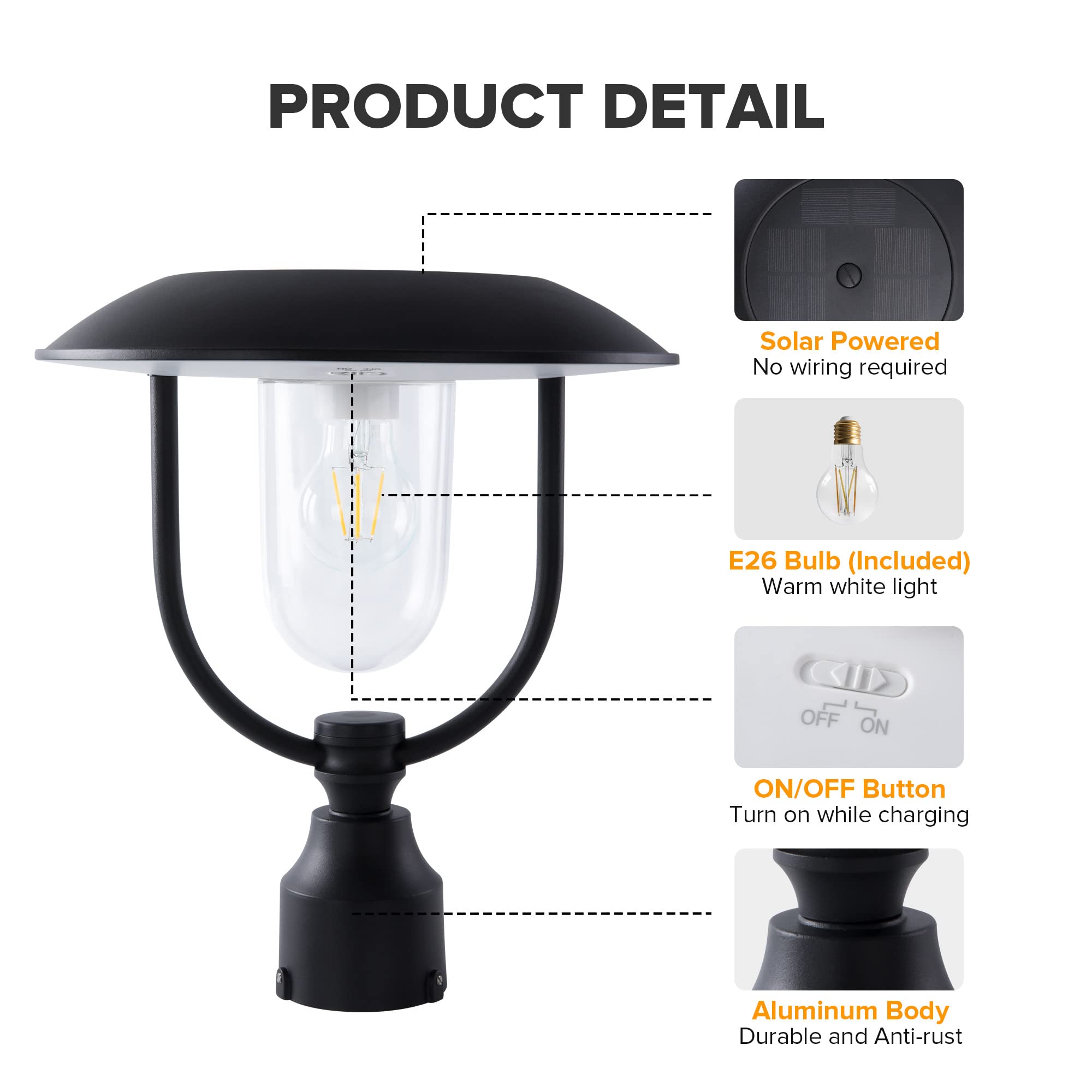 LUTEC Solar Lamp Post Light, Dusk to Dawn, Waterproof Black Aluminum, 1 Pack, Model 6940006012