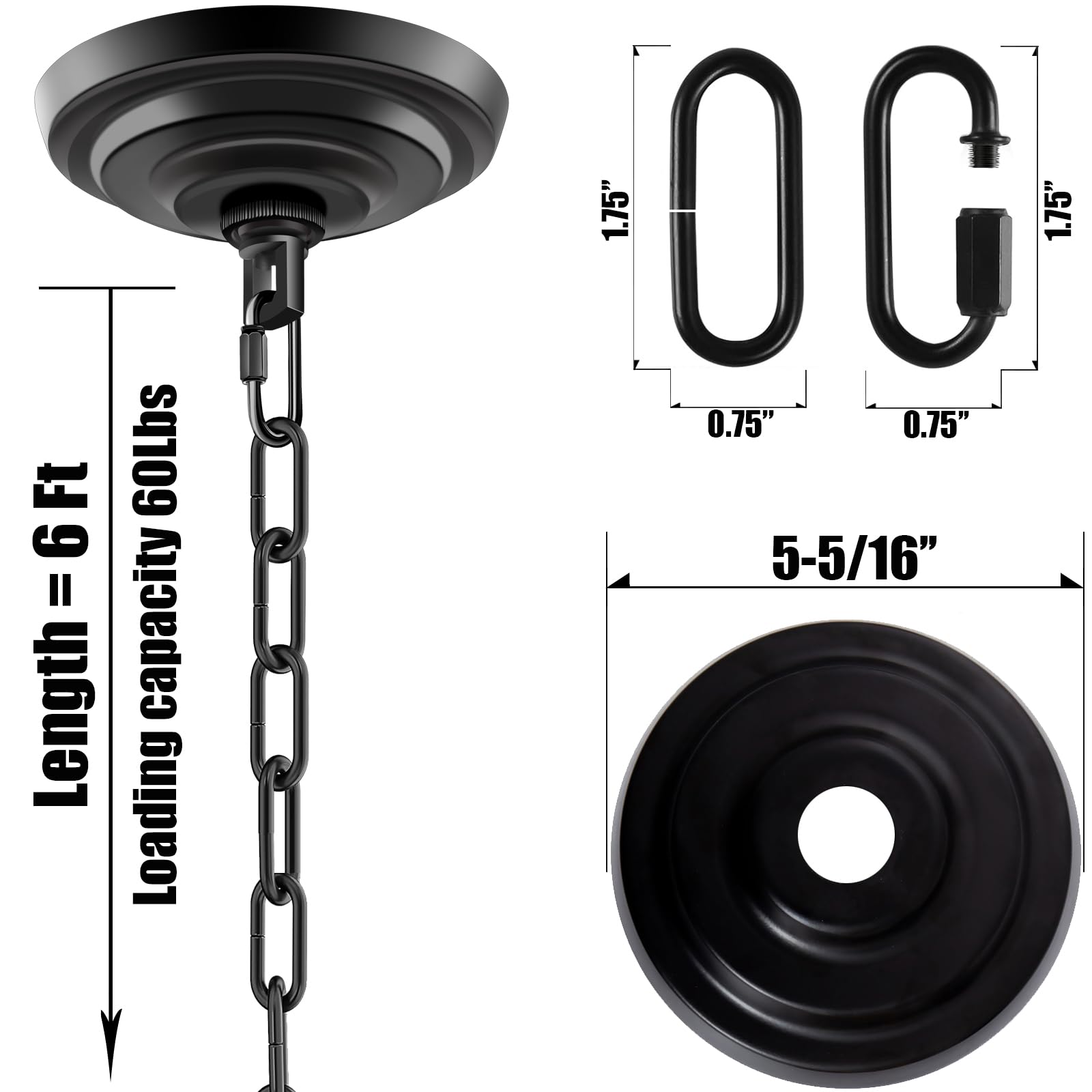 MAYOMAJO Light Canopy Kit, 5-5/16 Inch Canopy + 6 Ft Chain, Heavy Duty, Alloy Steel, Black, Model MY-221216