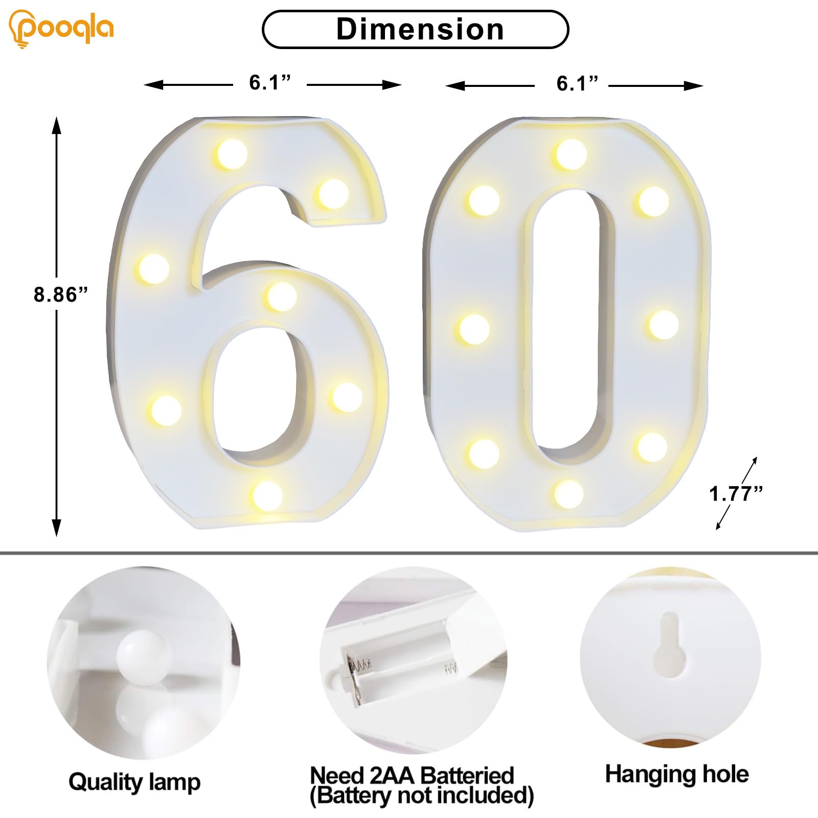 Pooqla LED Number 60 Decoration for 60th Birthday Party, Marquee Sign, Cool White and Warm White, Plastic, Model DENC-BP-01
