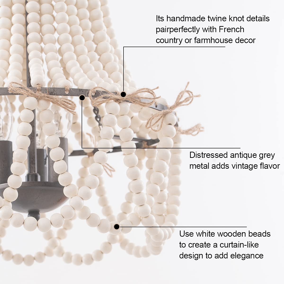 Wood Beaded Chandelier 3-Light Bohemia Pendant Light Fixture Farmhouse Round Hanging Chandelier White Beads With Black Chain For