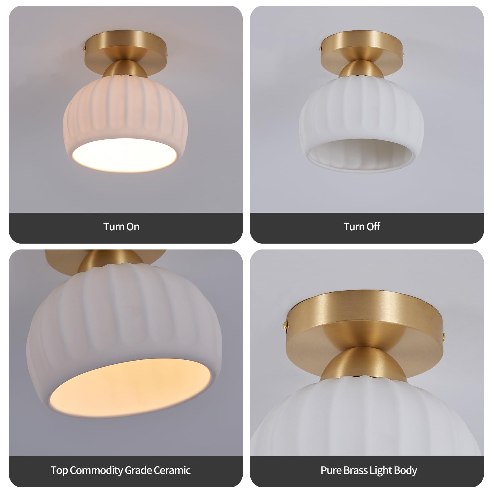 2 Pack Ceramic Brass Semi Flush Mount Ceiling Light Fixtures Modern Hallway Light Fixtures Small Gold Flush Mount Ceiling Light