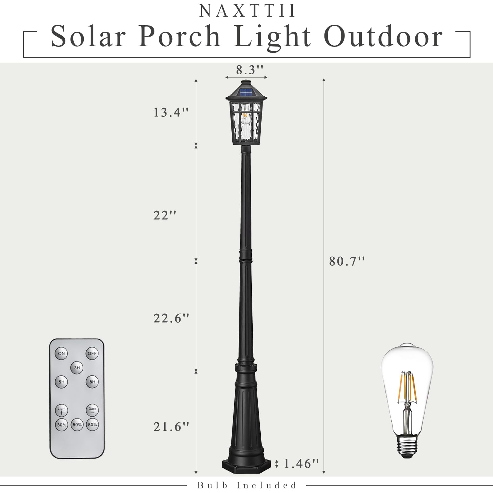 NAXTTII Outdoor Solar Lamp Post Light, 80.7 Inch, Black Aluminum, Waterproof with Remote Control, Model XN13R-M-SL-SW-BK