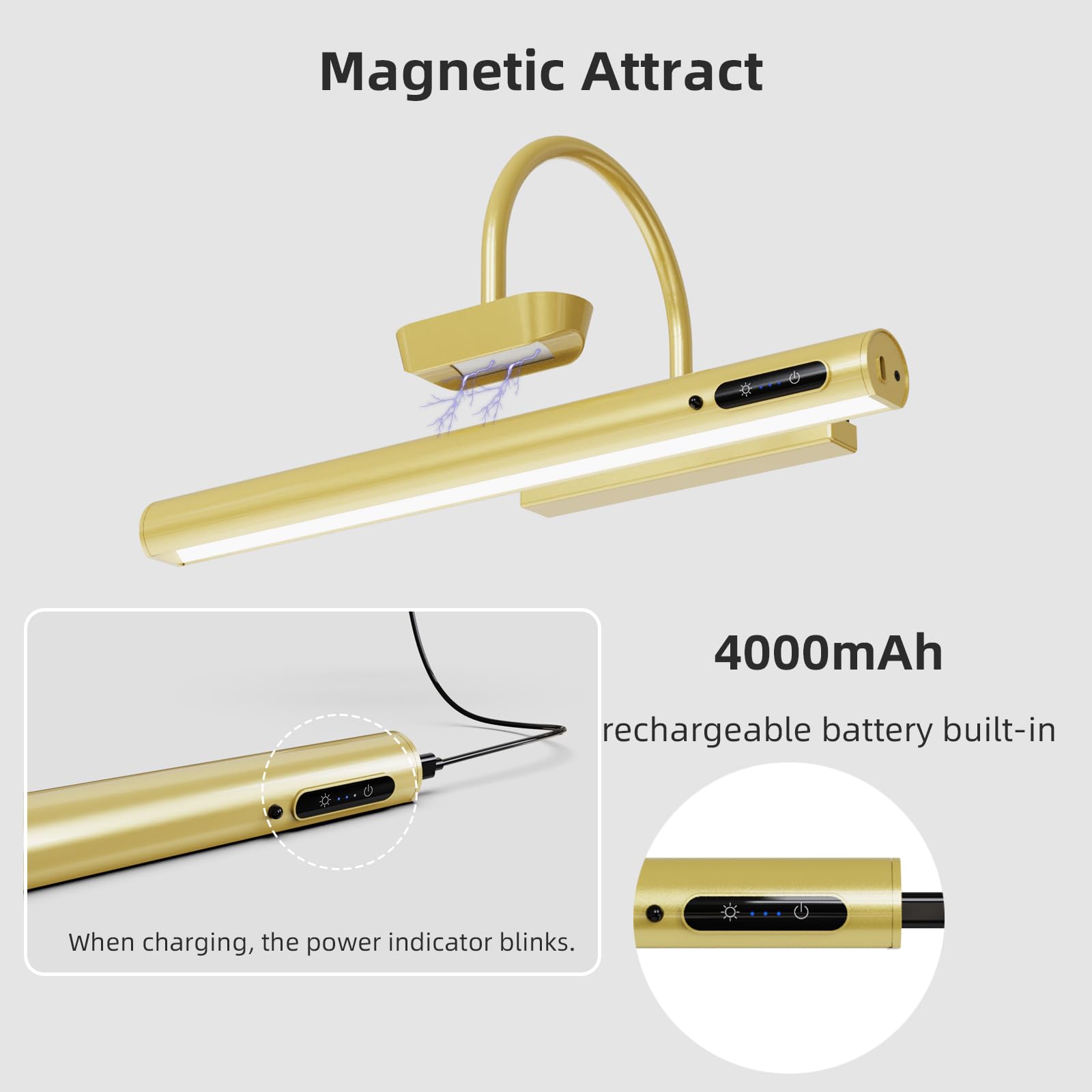 EAYOYAE Wireless Picture Light, 13.8in Gold, Remote Control, Rechargeable, 3 Modes - PC-100 (2 Set)
