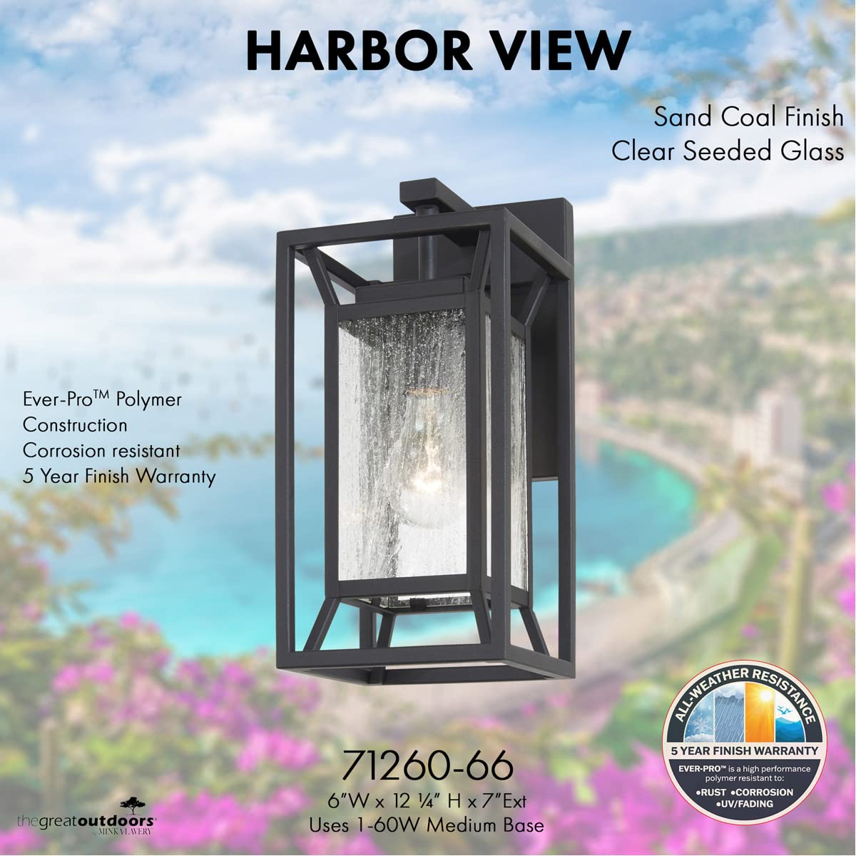 Minka Lavery Harbor View Outdoor Wall Sconce, 1-Light Clear Seeded Glass, Sand Coal, 60W
