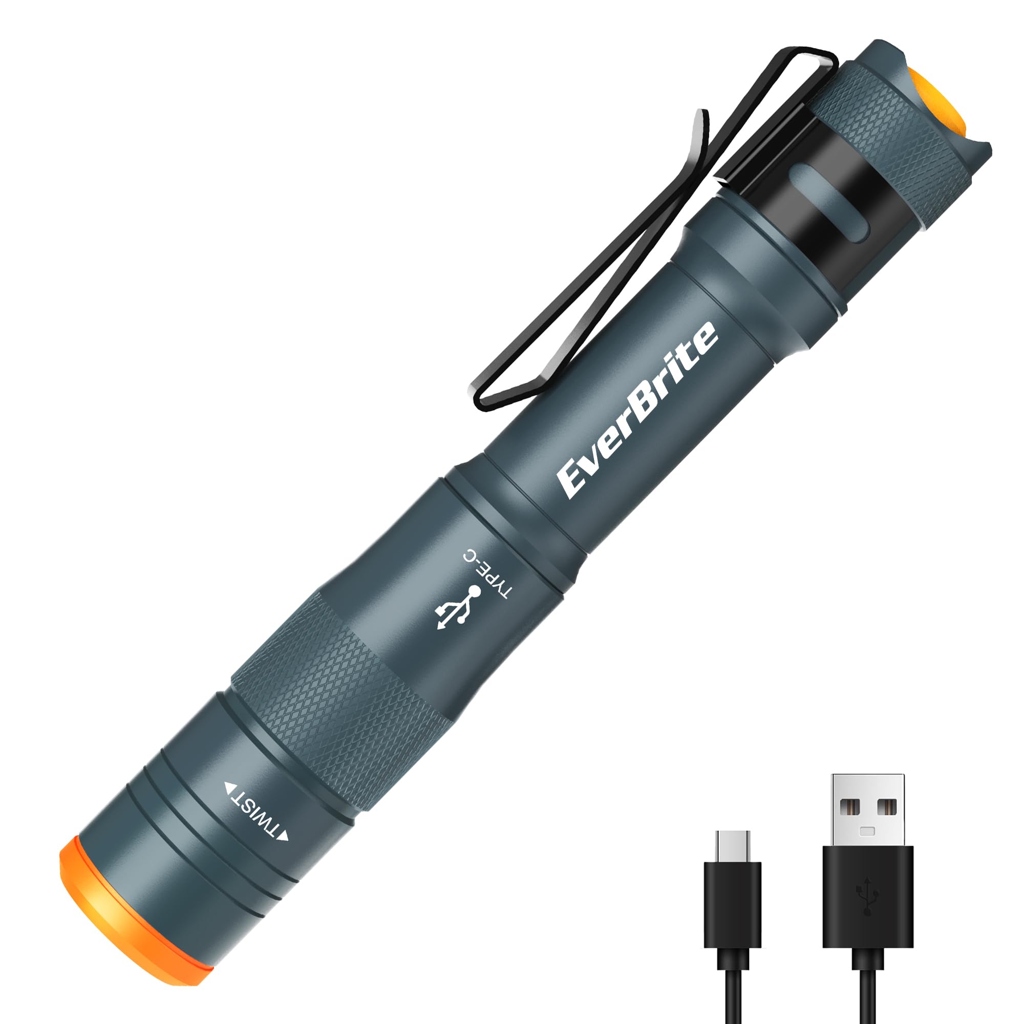 EverBrite Mini Pen Light, Rechargeable Flashlight, 300 Lumens, USB C, 4 Light Modes, Aluminum, Blue, Model E101122AE