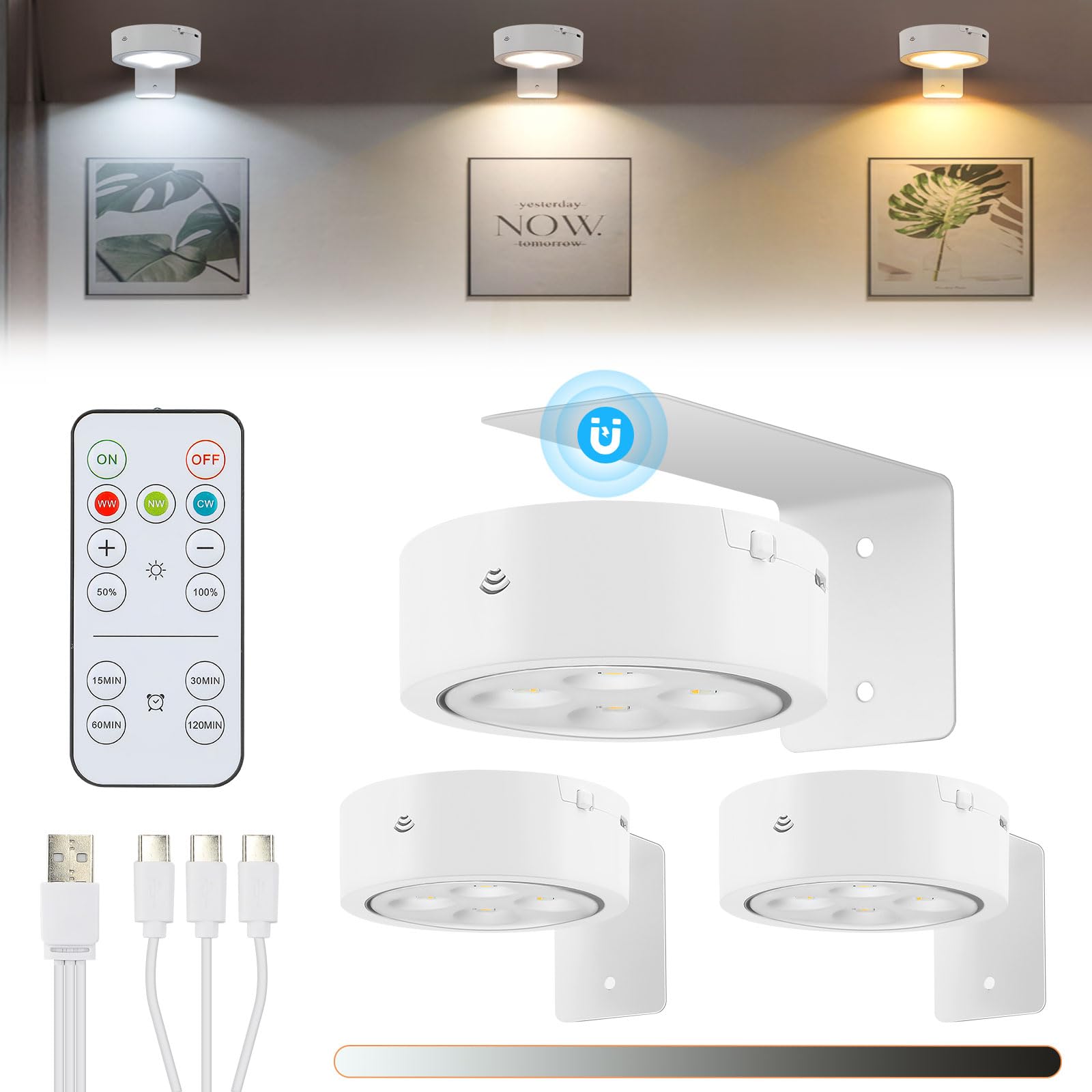 Glighone 3 Pack Rechargeable Battery LED Picture Light,Wall Lights for Pictures with Remote Dimmable and Timer,3 Lighting Modes 
