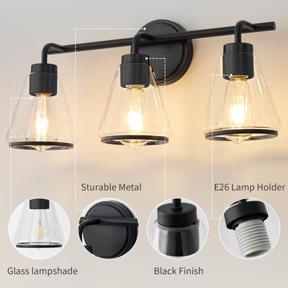 NADOSA 3-Light Black Bathroom Vanity Light Fixtures with Clear Glass Shade, Model NADOSA-37771, Modern Over Mirror Lighting