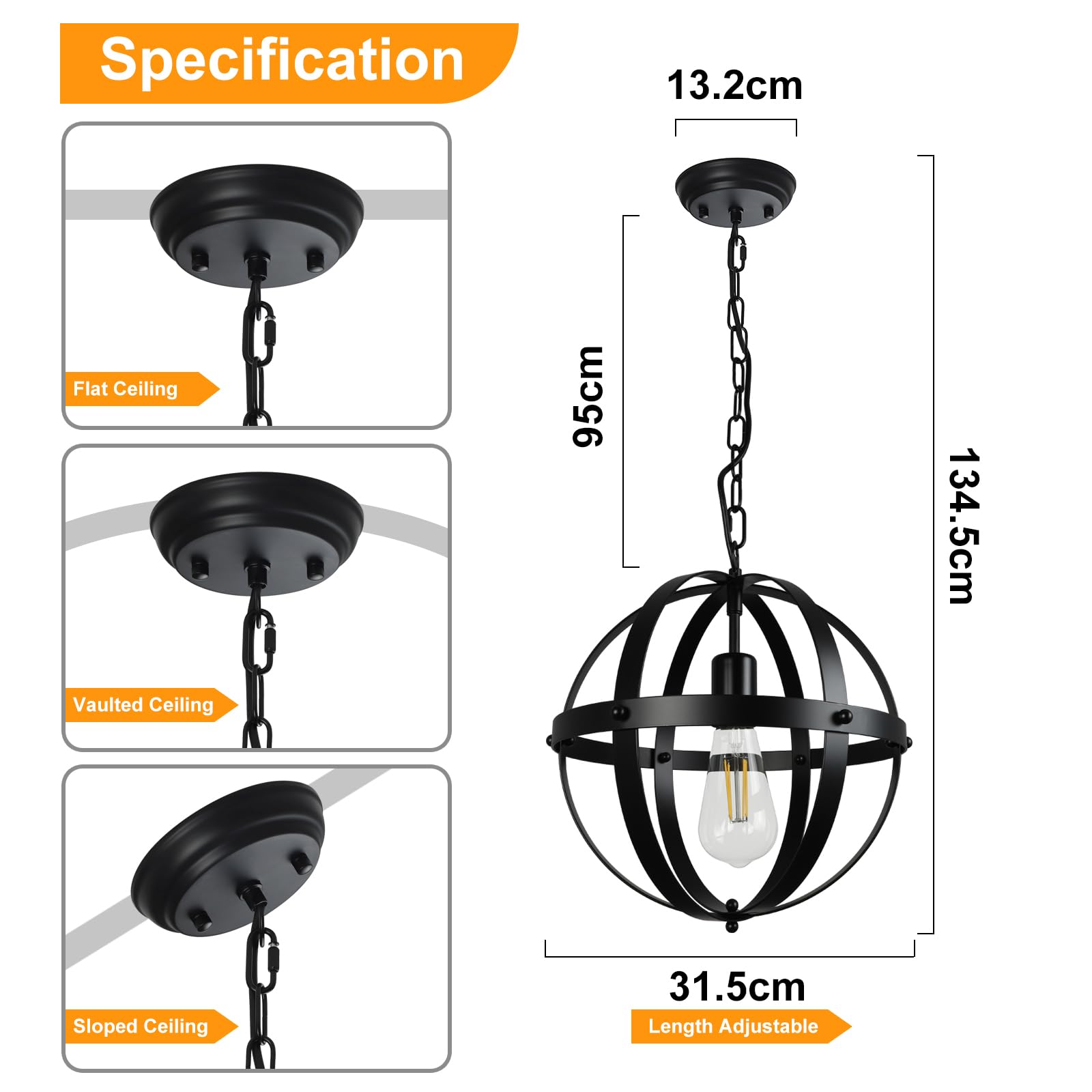 DINGLILIGHTING Vintage Globe Pendant Light, 1-Light E26 Base, Matte Black, Ideal for Dining Room, Kitchen Island, Model WSCL34-B