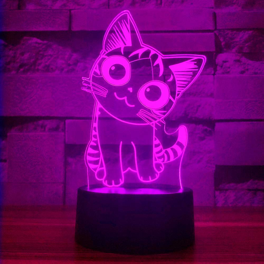 i-CHONY Cat Table Lamp, 3D Illusion Night Light, Auto Color Changing, Plastic, for Kids, Cute Cat Gifts, Red, Blue, Green, Yellow, Purple, Cyan,