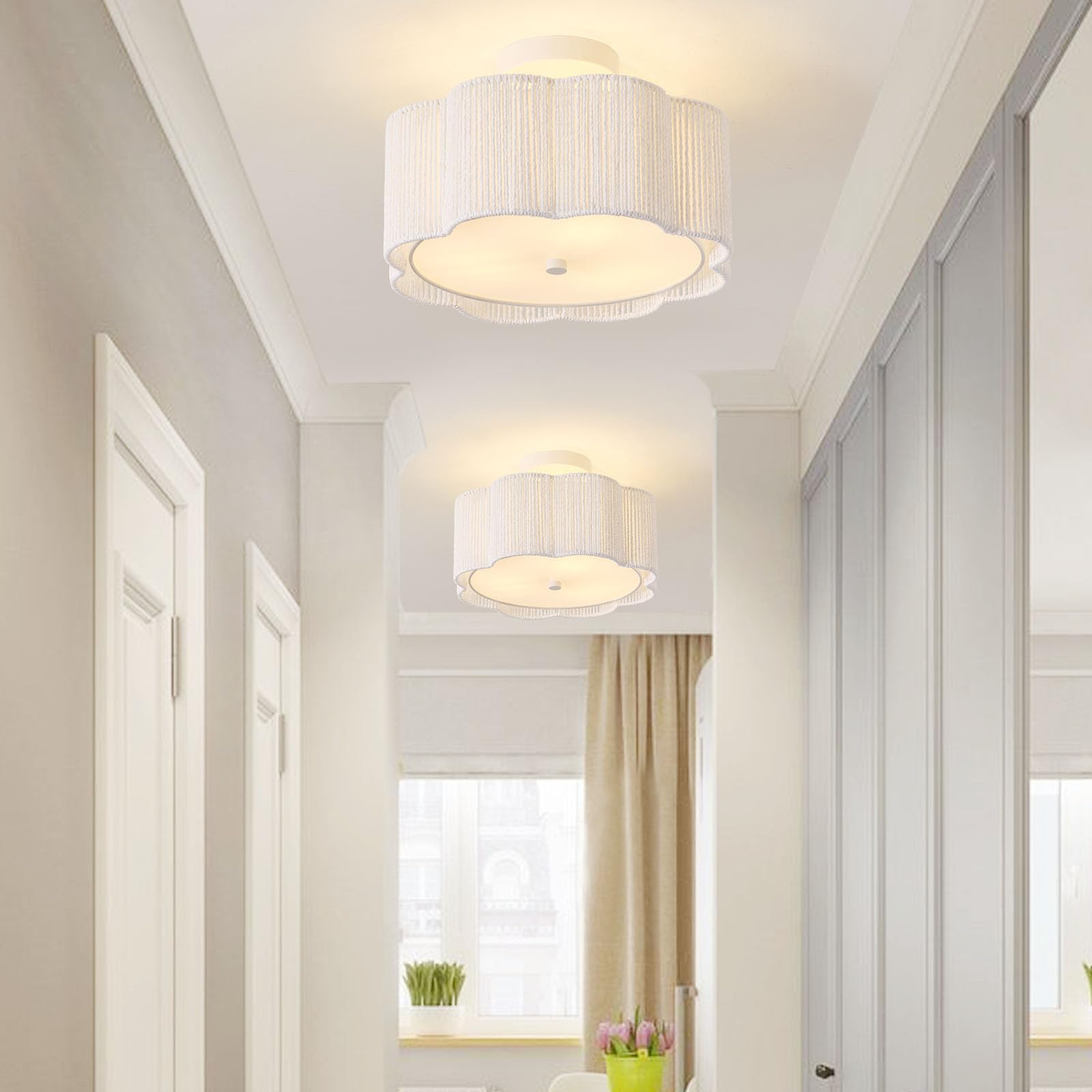 Giutna Rattan Ceiling Light Fixture, 3-Light Boho Design, 13.4" Flush Mount, White, Modern Chandelier for Bedroom, Hallway, Kitchen