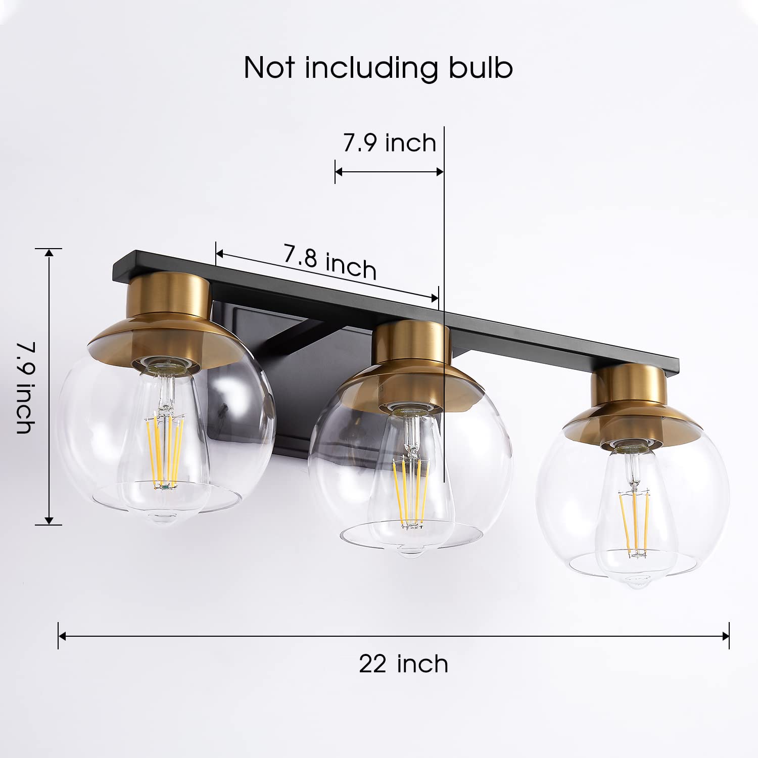 PAZALA 3-Light Bathroom Vanity Lights, Black Gold Metal, Globe Glass Shade, 22in Modern Wall Sconce, Model 1698-3-HJ