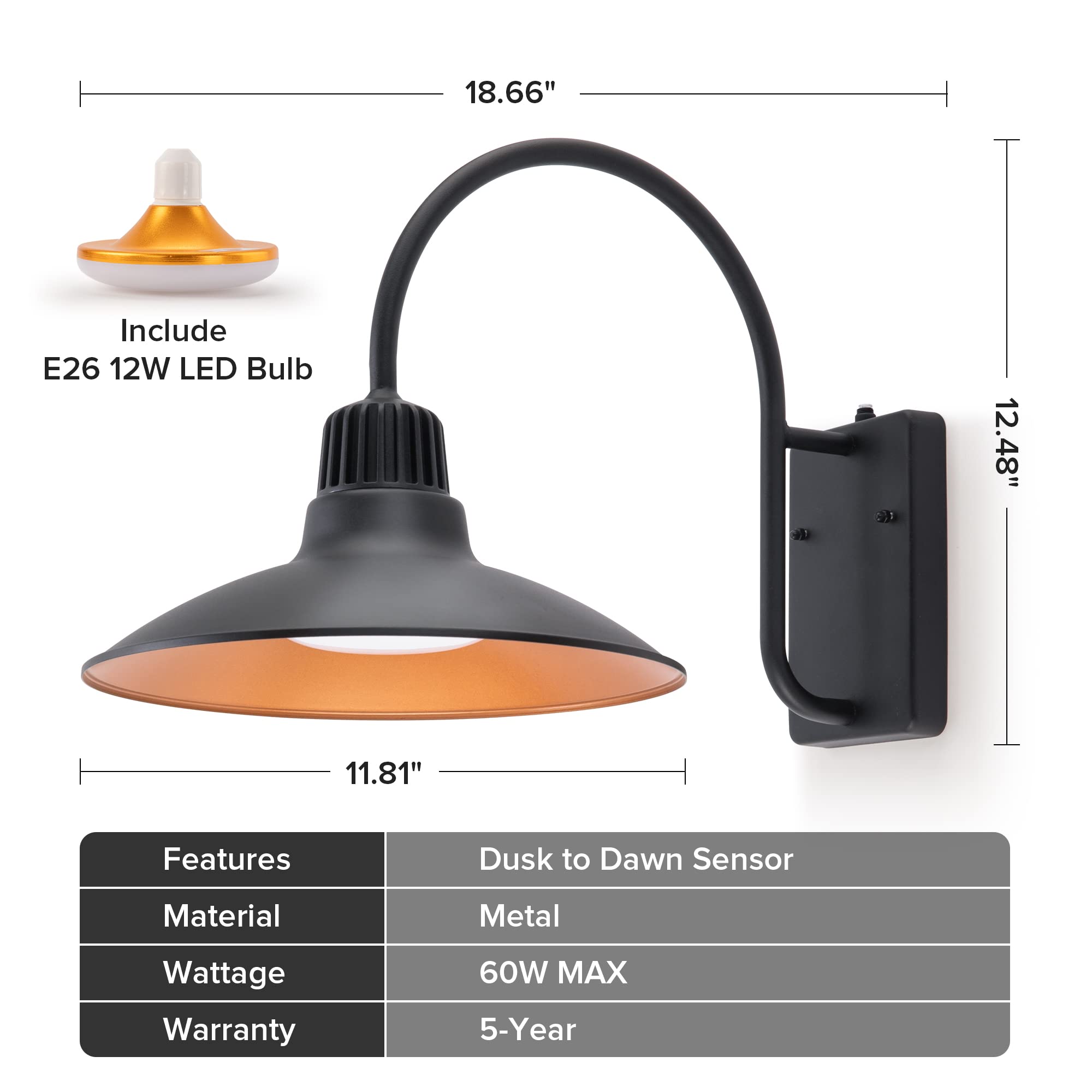 LUTEC Gooseneck LED Barn Light - Black Metal Outdoor Wall Sconce, Waterproof, Dusk to Dawn, Vintage Design, 1 Pack