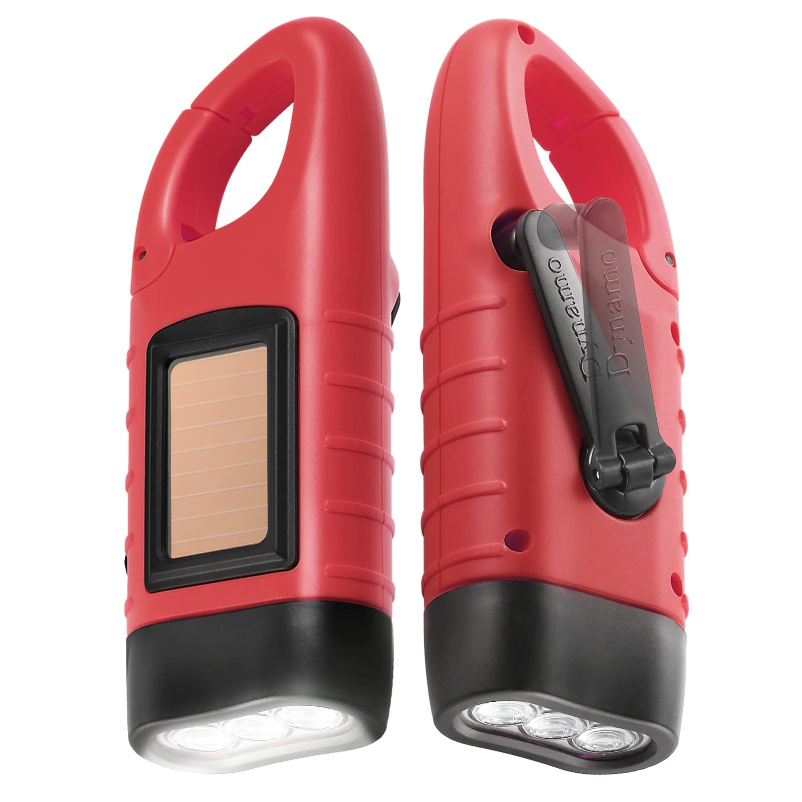 Simpeak Hand Crank Solar Powered Flashlight, LED Torch, 2-Pack, Red, Model DT-309A, Durable ABS Material