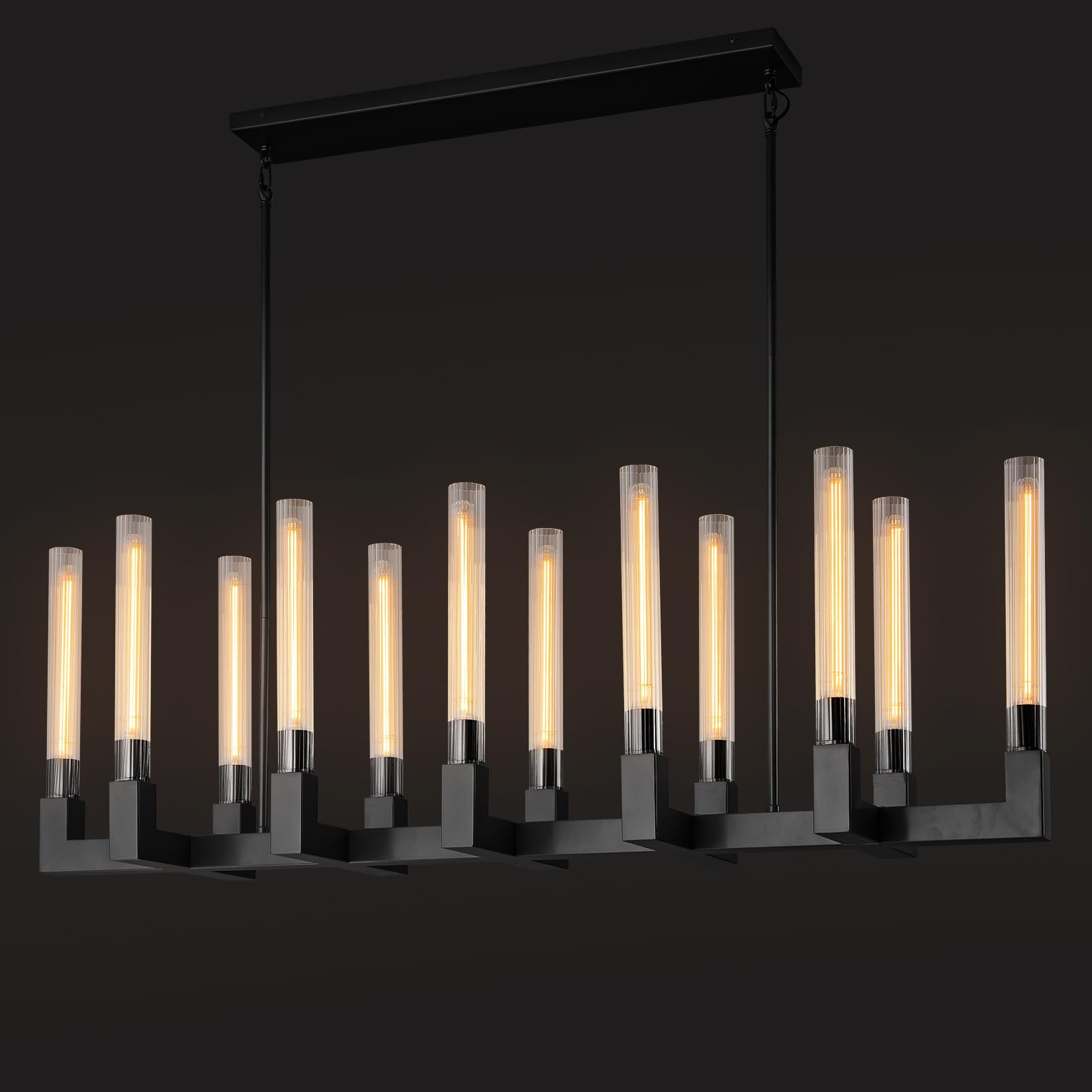YUEXPAND Black 12-Lights Modern Chandelier with Glass Tube, 54''Chandeliers Rectangular Luxurious Large Chandelier Fixture Ceili