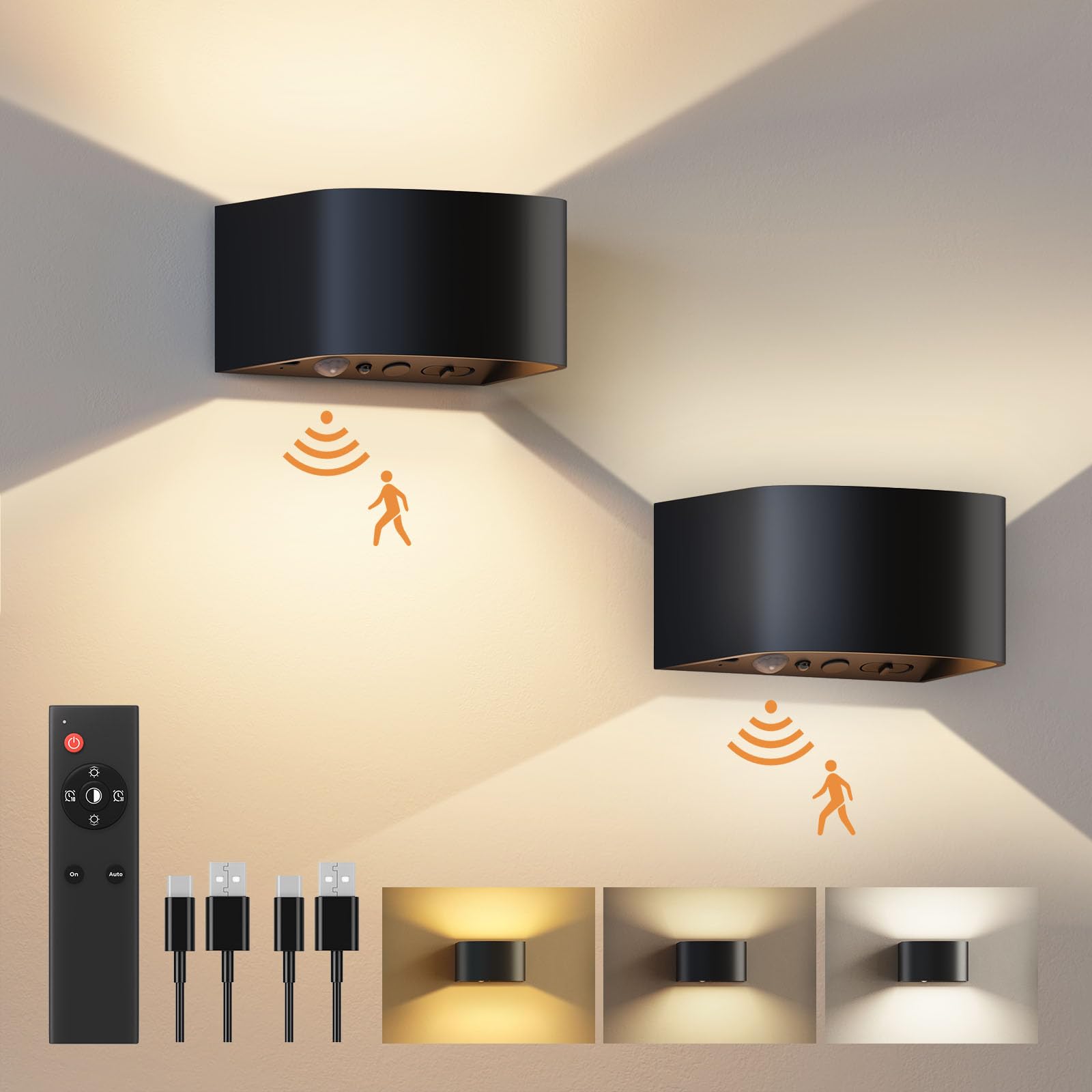 FULEN Motion Sensor Wall Light, LED Sconce, Remote Control, 3 Colors, Rechargeable, Black, 2 Pack, Model WL04