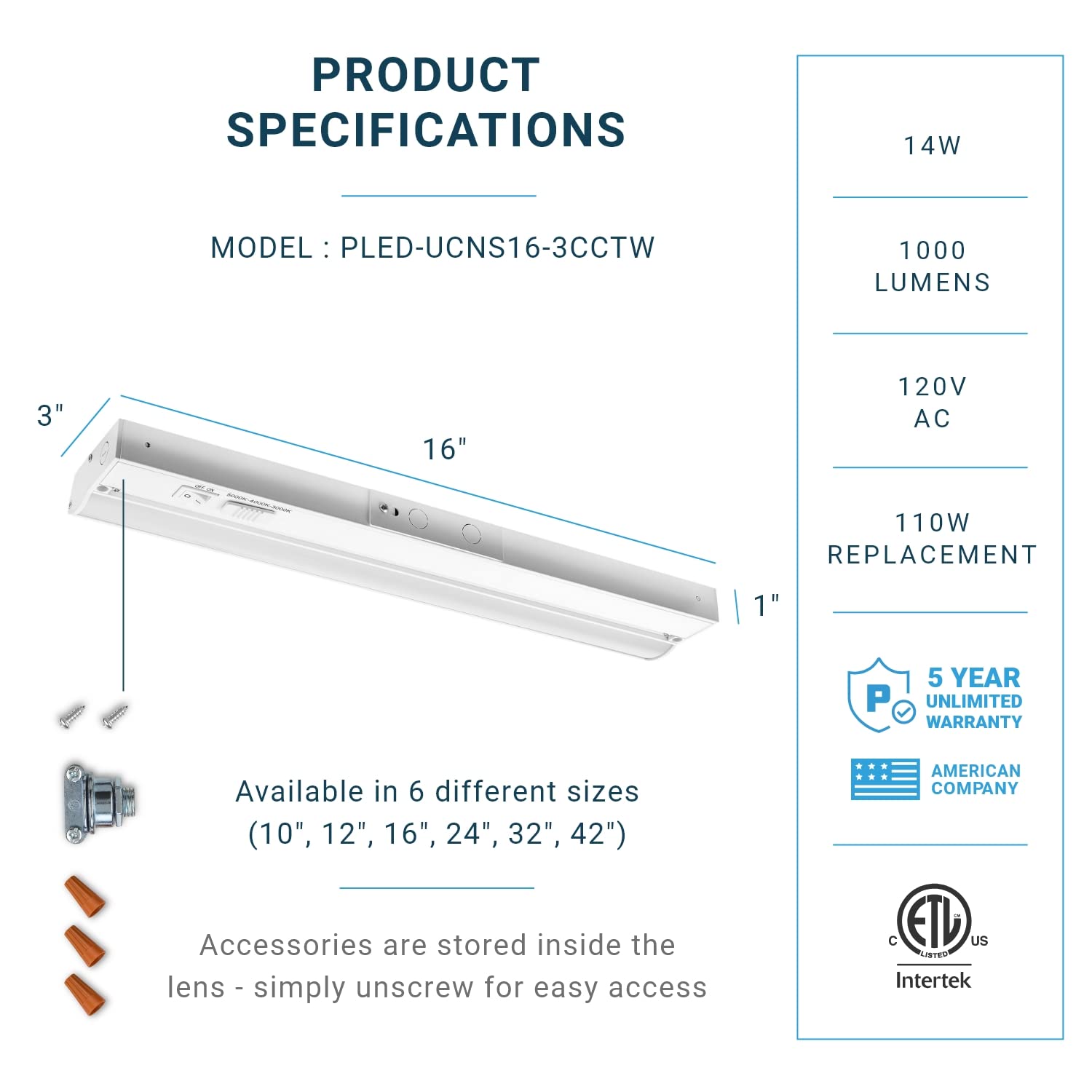 PARMIDA LED Under Cabinet Lighting, Hardwired Installation, 16 Inch, 14W, 5CCT Color Selectable - 2700K/3000K/4000K/5000K/6000K, ETL Listed, 120V, Dimmable, 1000 Lumens, White Finish