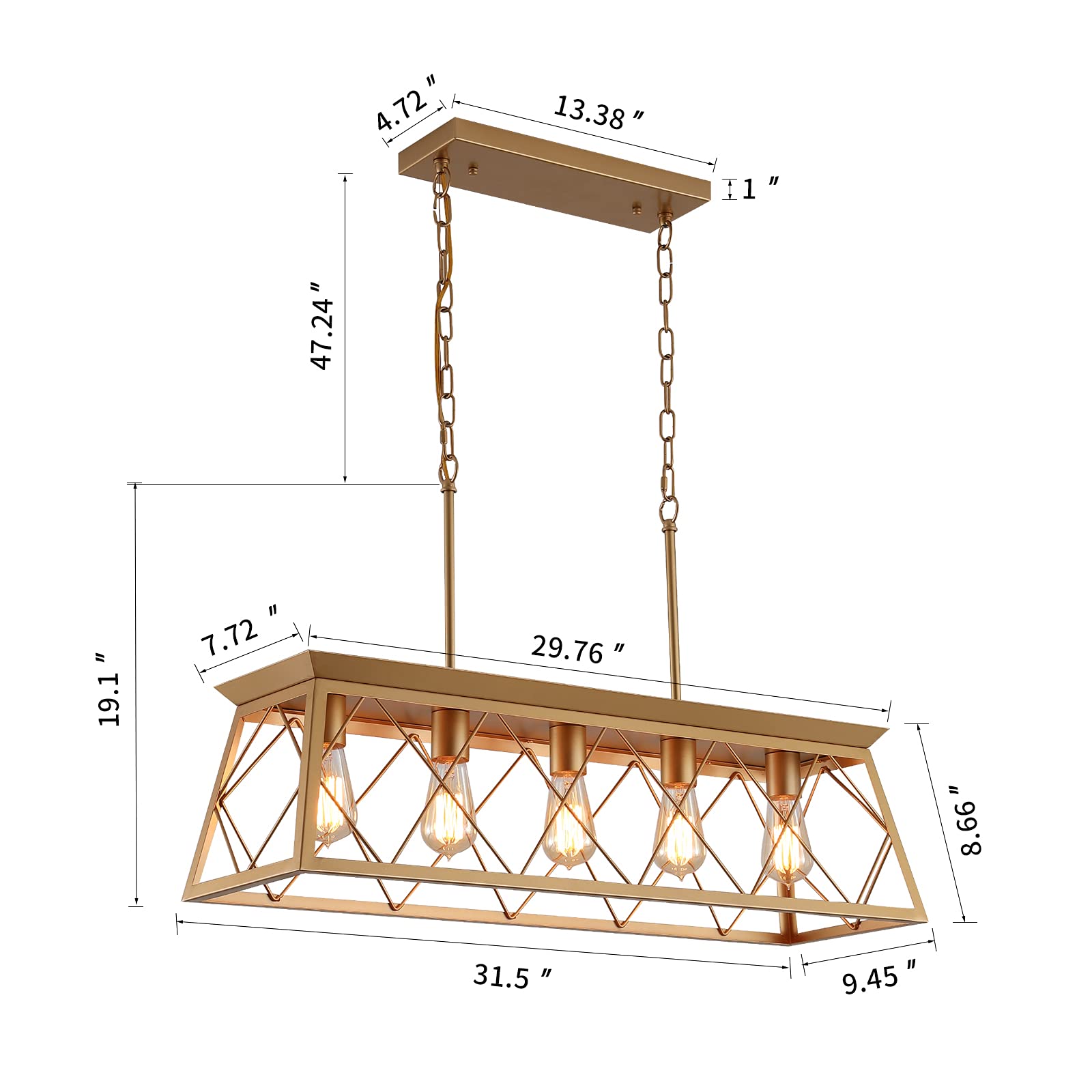 Q&S 5-Light Modern Farmhouse Chandelier - Gold Metal Linear Light Fixture for Kitchen Island & Dining Table, Model P2006-5GD