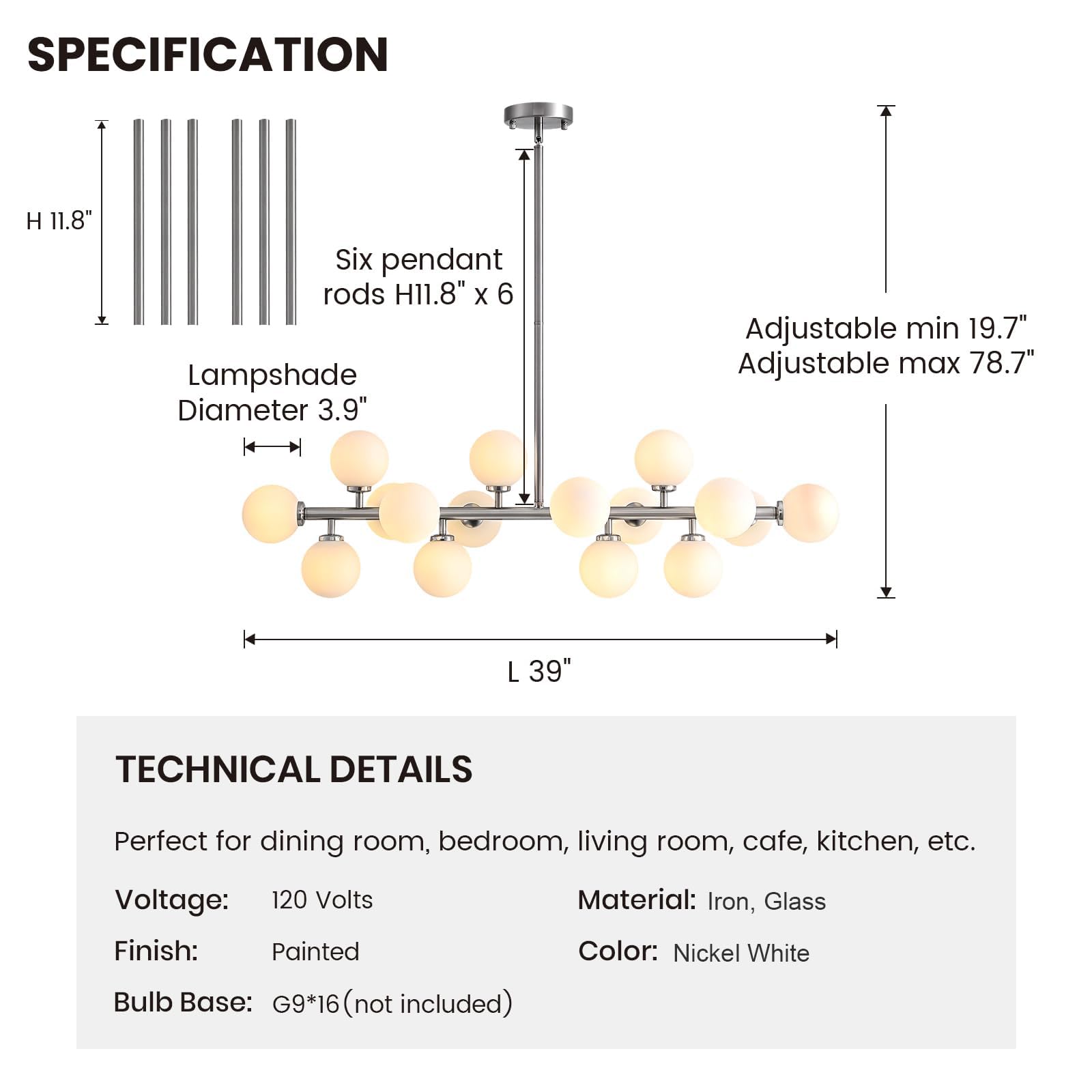 Apbeamlighting Glass Globe Sputnik Chandelier 16 Lights Linear Chandelier Brushed Nickel And Milky White Mid Century Modern Pend