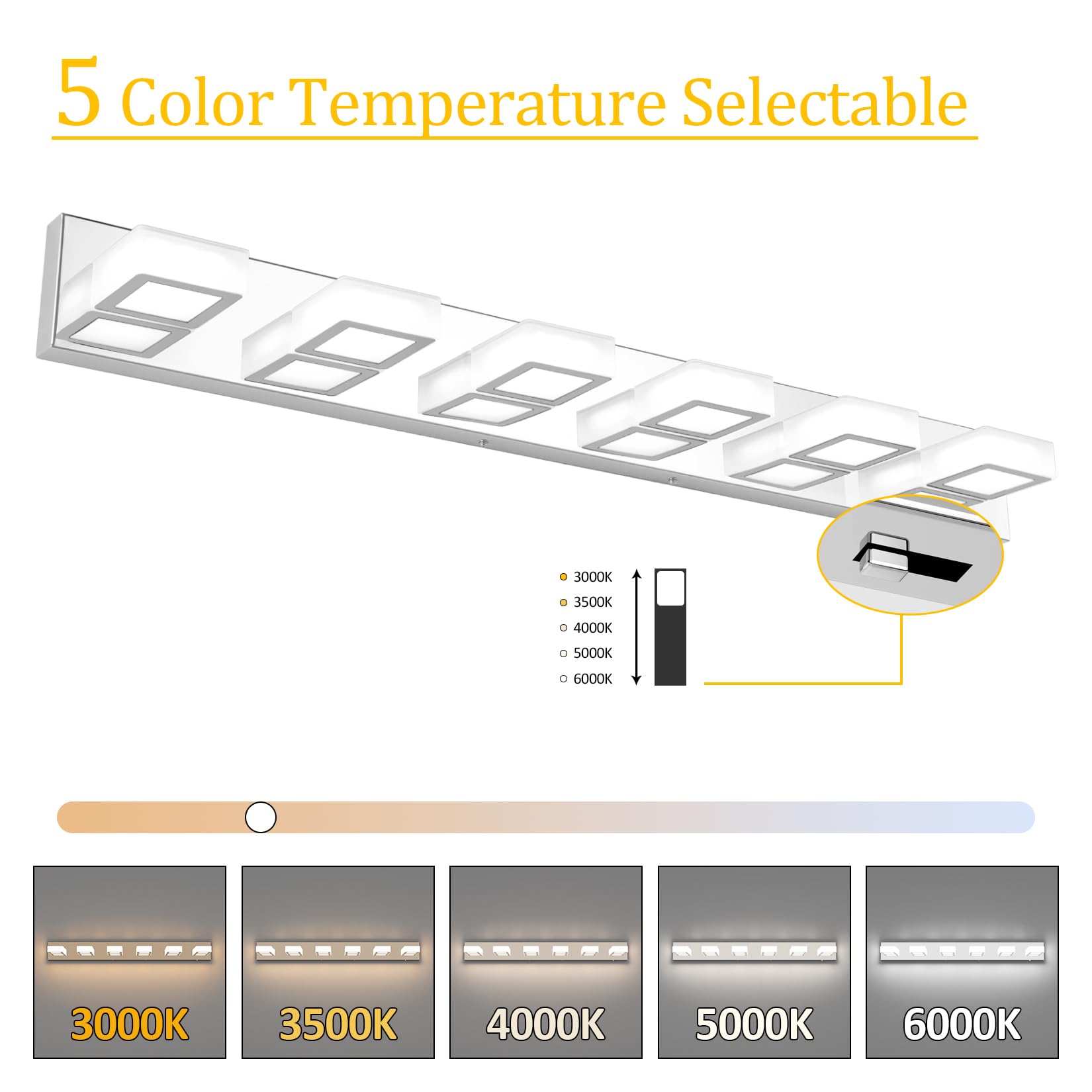Ralbay Bathroom Vanity Lights, 6 Dimmable LED Fixtures, 40.4 inch, Chrome, 5 Color Temperature, Stainless Steel, Model 8590
