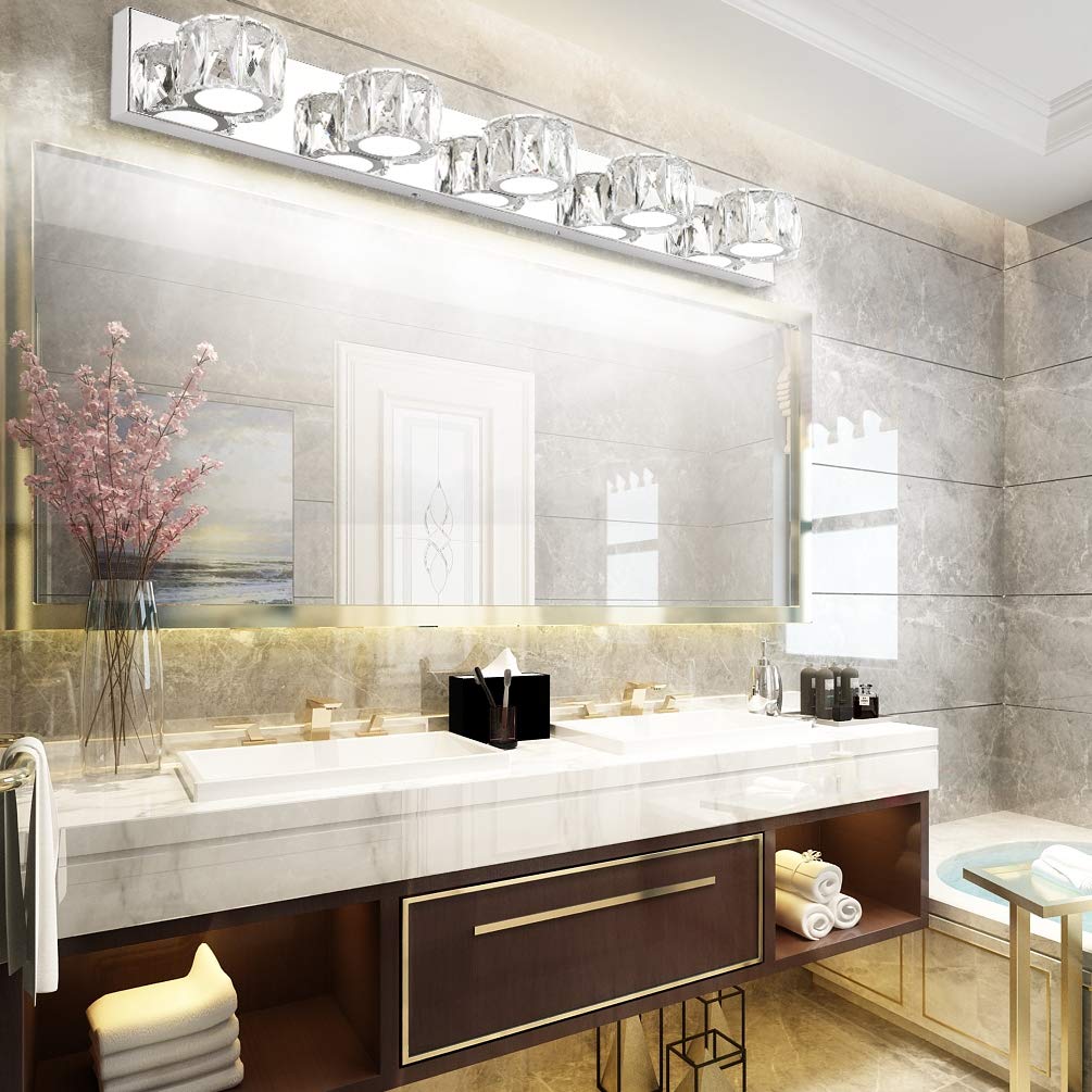 Aipsun 5-Light Crystal Vanity Lights Modern LED Bathroom Wall Light, White, Model Ca-8271-5T