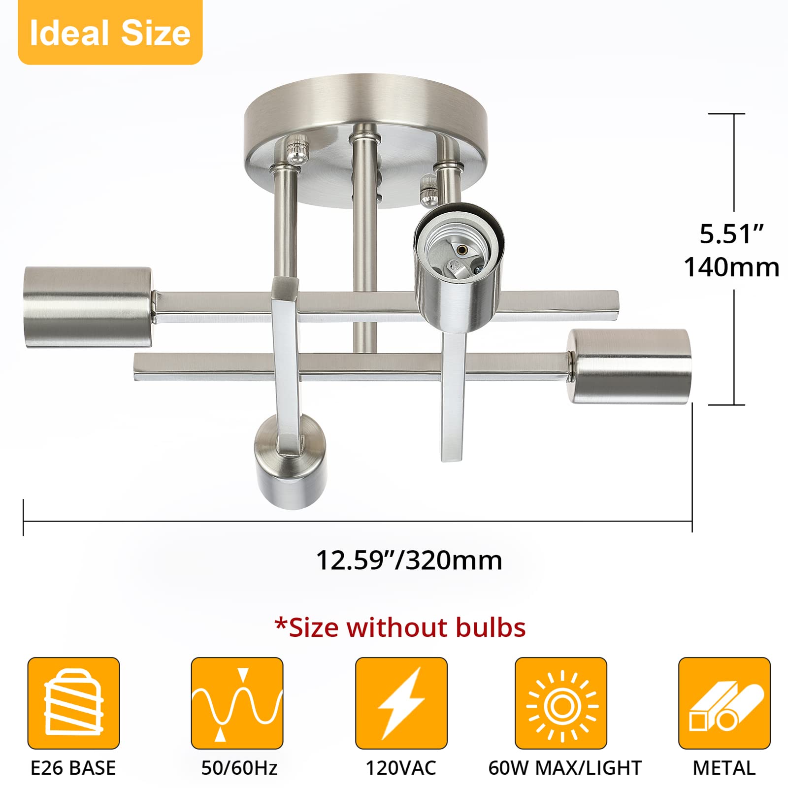 Sunrider 2-Pack Industrial 4-Light Semi Flush Mount Ceiling Light Fixture, Brushed Nickel, Silver Farmhouse Rustic Sputnik Chand