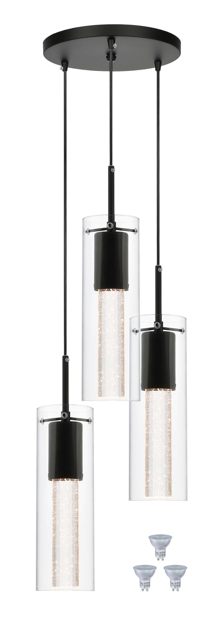 Xinbei Lighting Pendant Light, Modern 3 Light Cluster Kitchen Island Pendant Lighting With Led Bulb & Bubble Crystal, Matte Blac