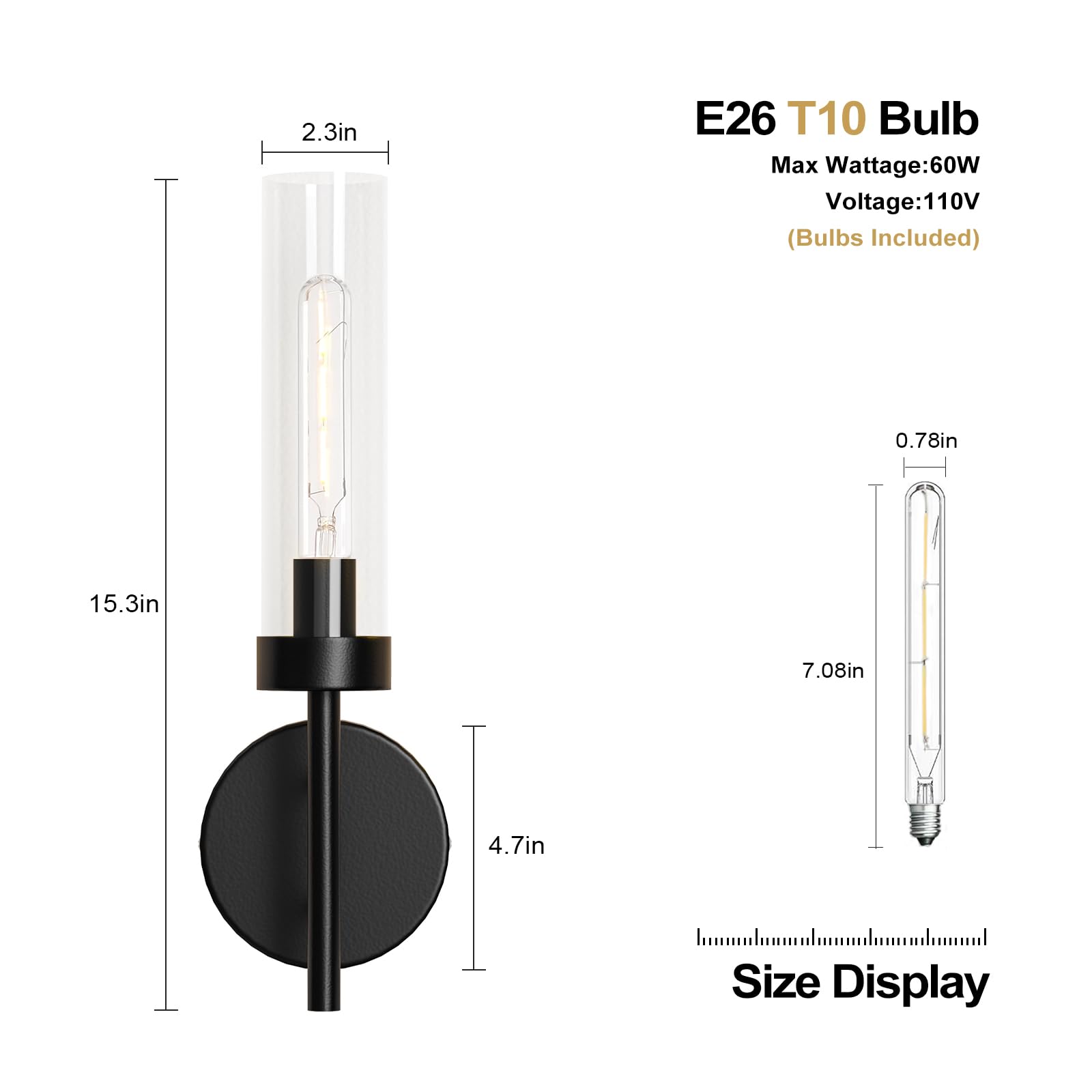 E.P. Light Black Hardwired Wall Sconces Set of 2, Modern Metal Vanity Fixtures with Clear Glass Shade for Bathroom and Living Room, Model EP0101