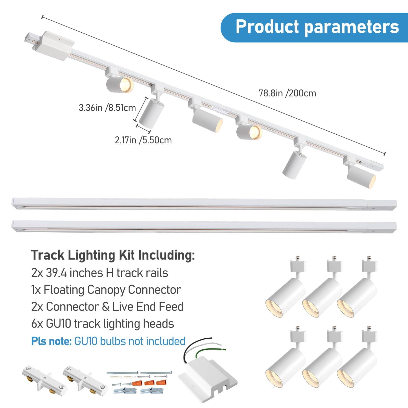 Hiiglxii 6 Lights GU10 LED Track Lighting Kit, 6.6FT H Track, White Metal Fixtures for Modern Kitchen, Ceiling Spot Light