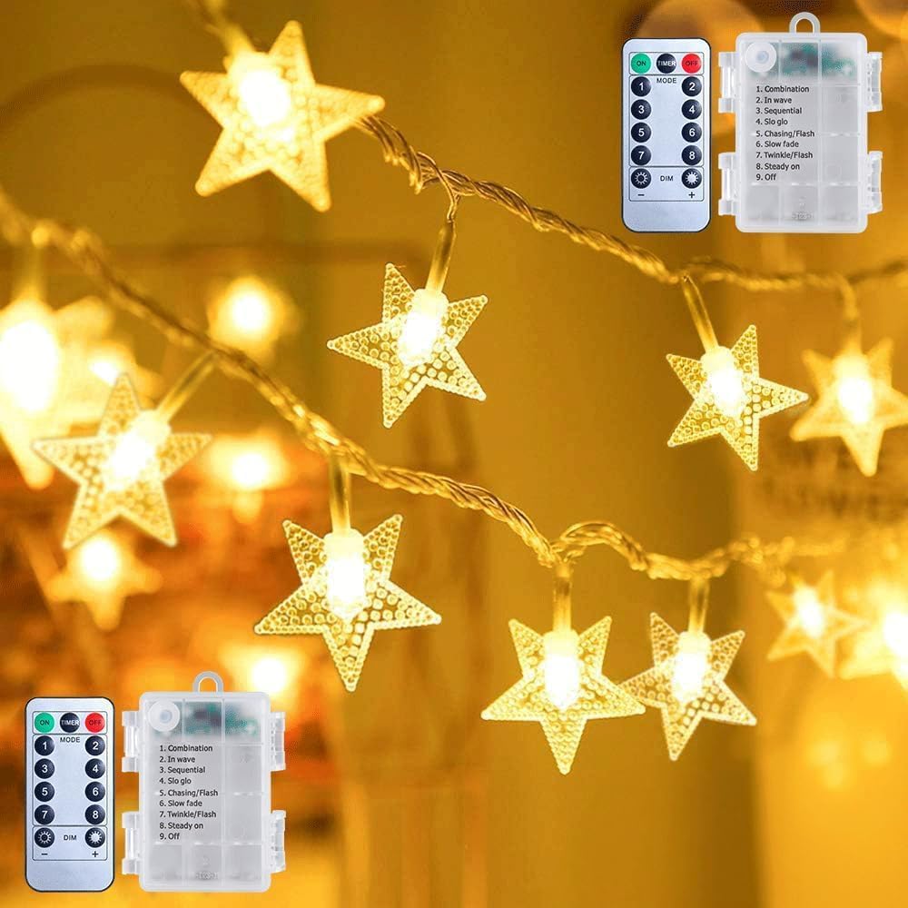 Brightown Star String Lights, 100 LED Fairy Lights, 33ft, Battery Operated, 2 Pack, Warm White, Indoor/Outdoor Decor