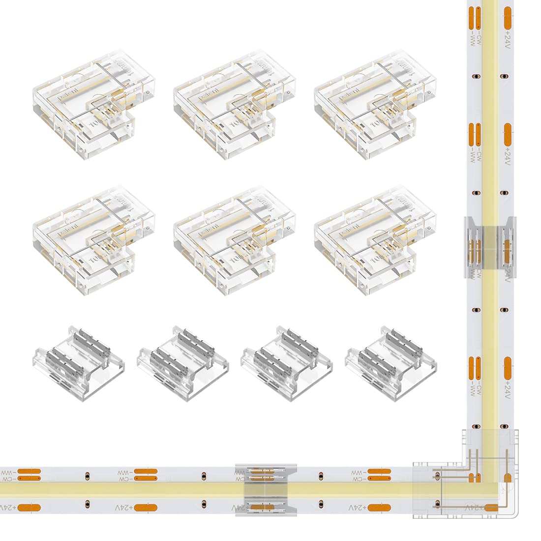 Btf-Lighting Cob 10Mm/0.39In Width Led Connector Kit 6Pcs 3 Pin Transparent Gapless L-Shaped 4Pcs 4Pin Strip To Strip Connectors For Pwm Fcob Cct(+ Cw Ww) Led Lights