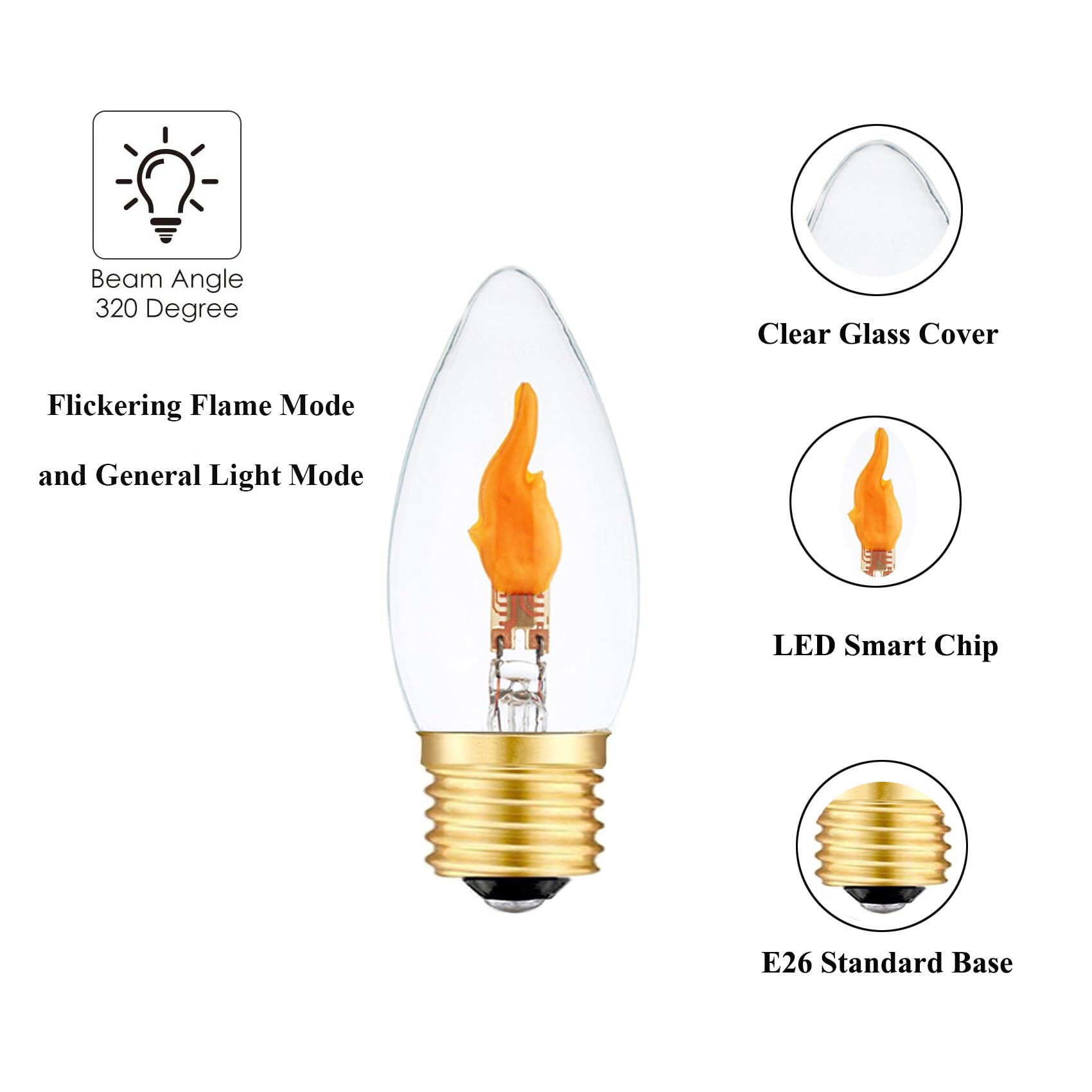 Sunaiony E26 Flame Light Bulbs, LED Flickering Flame Bulbs, Clear Glass, 2 Modes, 2 Pack for Halloween & Holiday Decorations