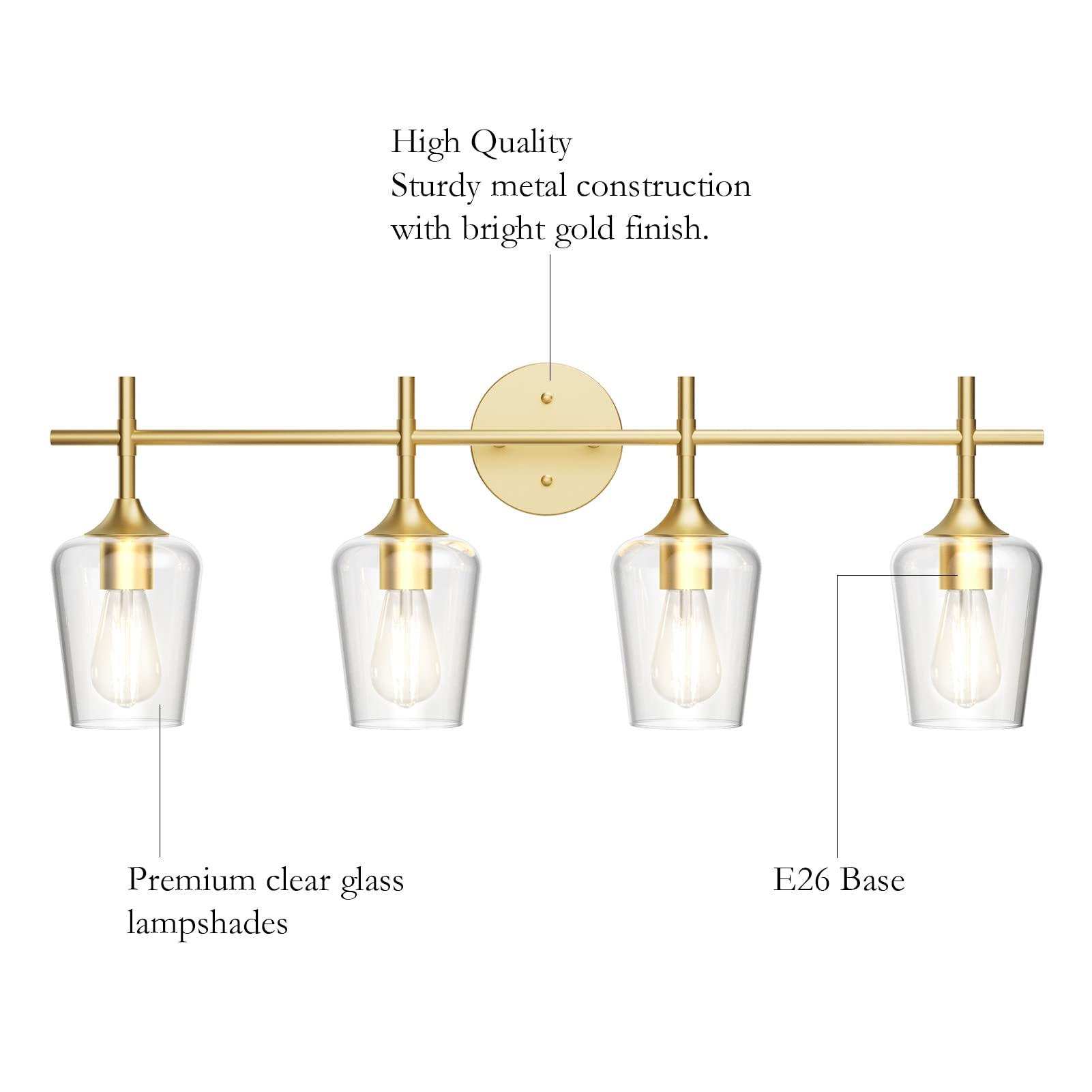 Ralbay 4-Lights Gold Vanity Light Fixture Vintage Gold Vanity Lights Wall Lighting Clear Glass Gold Bathroom Light Fixtures Over