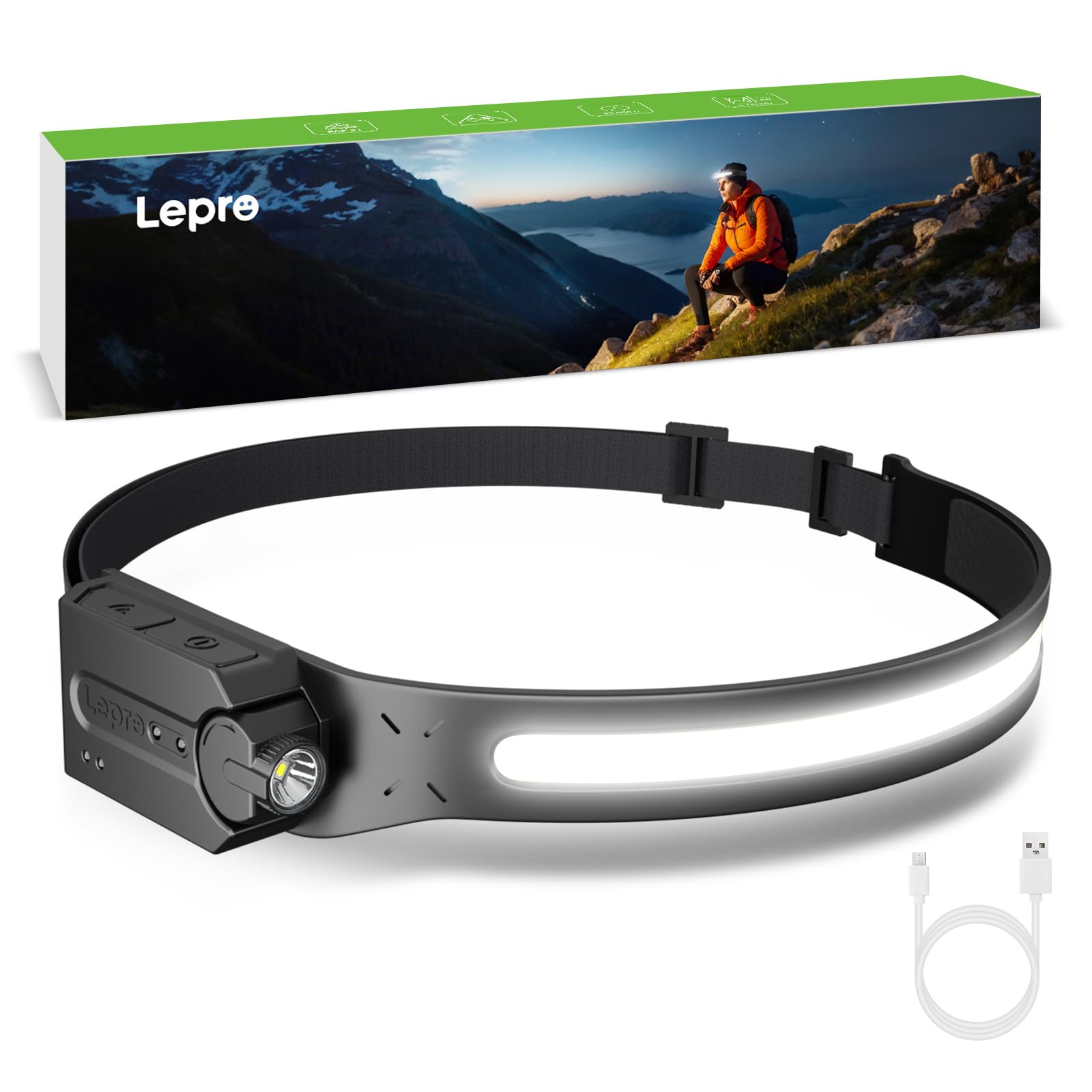 Lepro LED Headlamp Rechargeable - Super Bright Head lamp with Motion Sensor, 230COB Wide Beam & Adjustable Spotlight, Waterproof