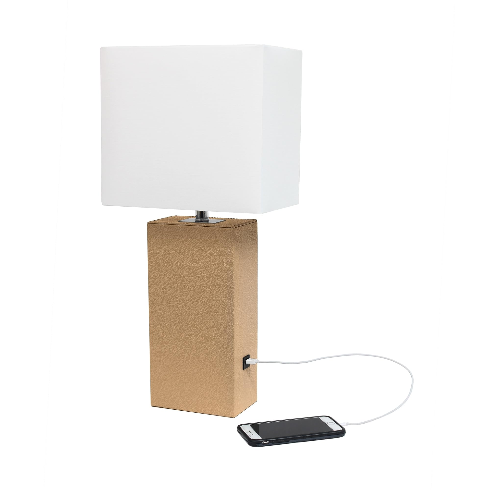 Elegant Designs Lt1053-Bge Modern Leather Usb And White Fabric Shade Table Lamp, Beige - (Pack Of 1)