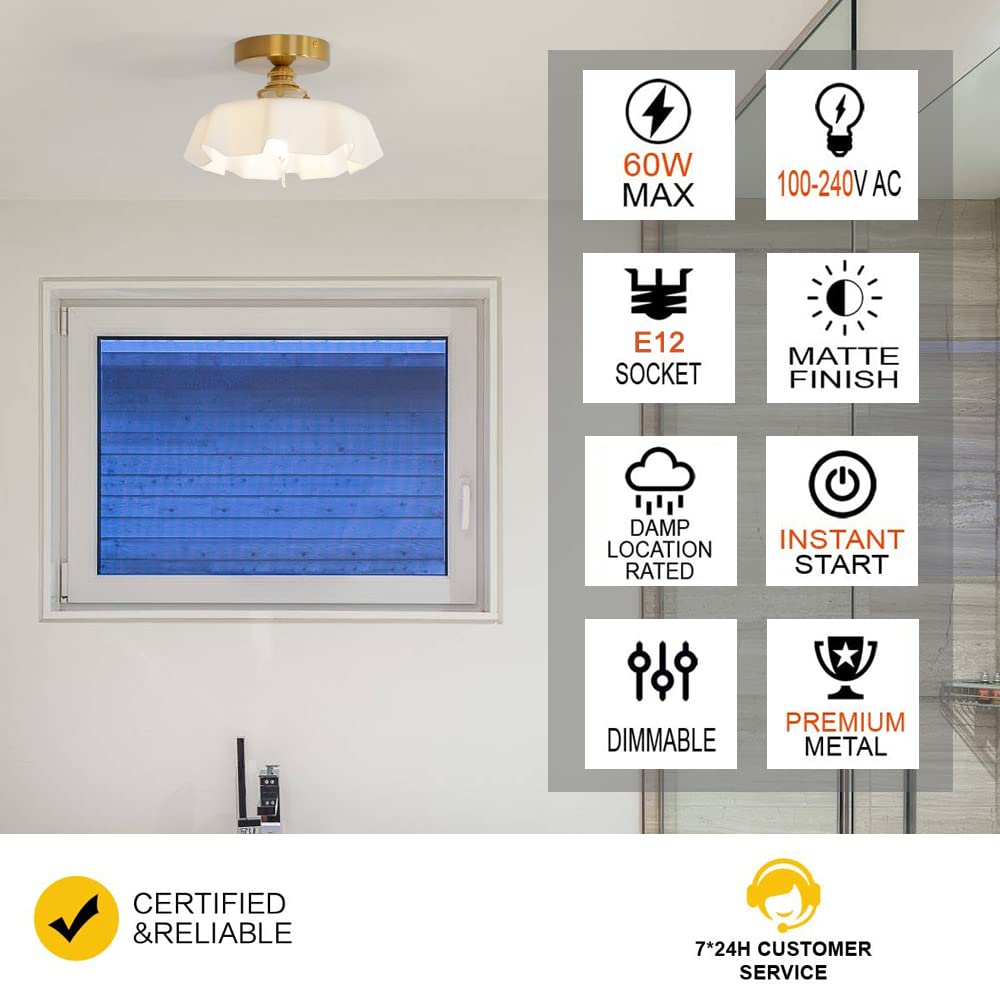 White Semi Flush Mount Ceiling Light, Brass Flush Mount Ceiling Light Vintage Flower Glass Light Fixtures, Farmhouse Overhead Li