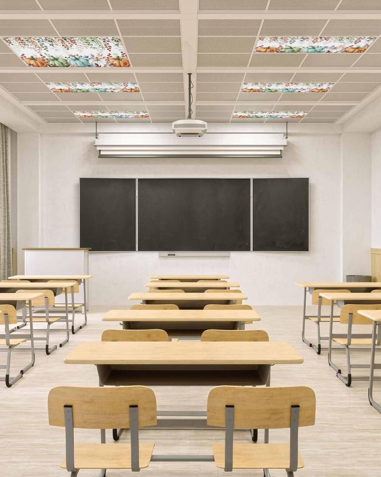 Fall Fluorescent Light Covers For Ceiling Lights Eucalyptus Leaves Magnetic Light Filters 2 Pack 4X2 Ft Sage Green Maple Leaf Pumpkin Thanksgiving Ceiling Lights Cover For Classroom Office Drop Lamp