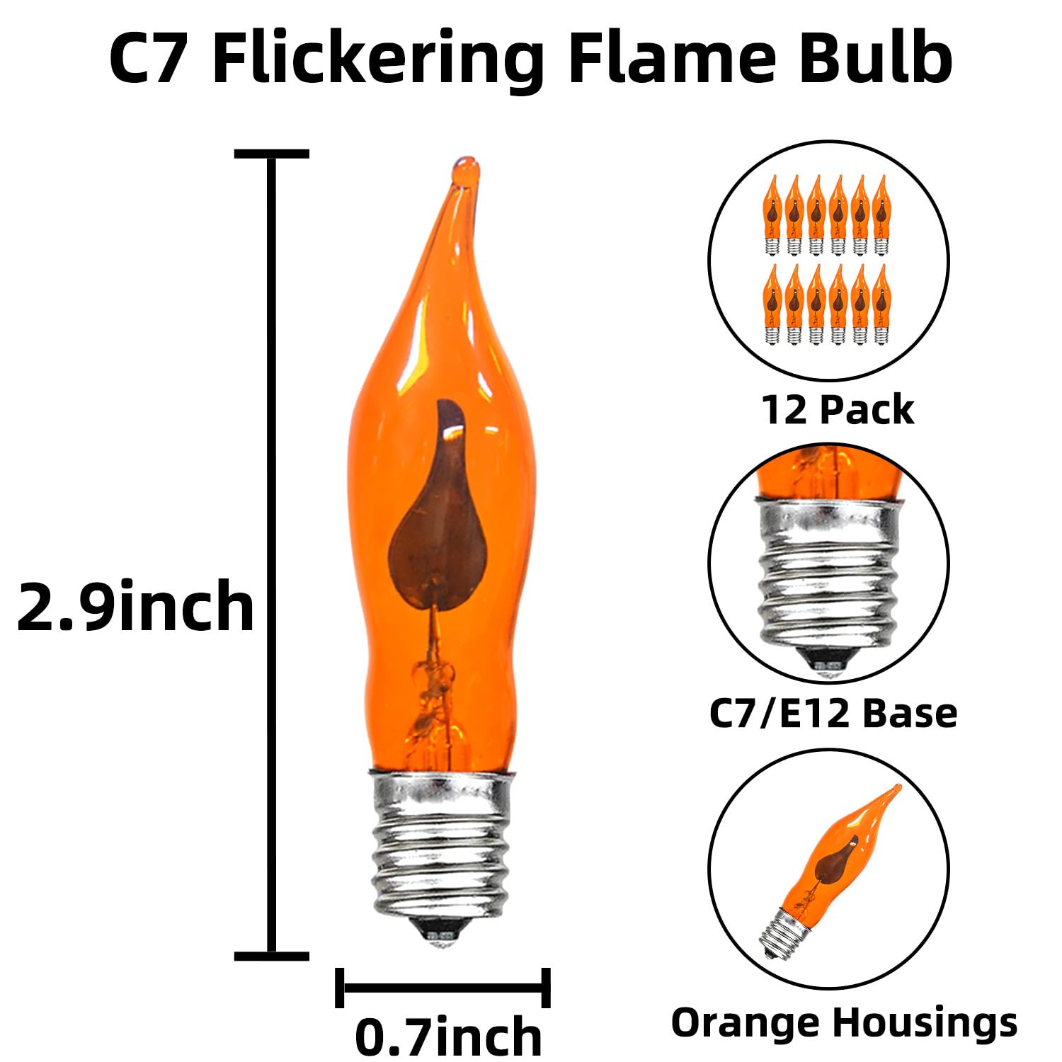 Sotopoo 12 Count Halloween Flickering Flame Lights Bulbs - Orange Flame Shaped, E12 Flickering Flame Bulb / C18 Orange Light Bulbs, For C18 Flame String Lights, Candelabra, Candle Light Bulbs - 1W