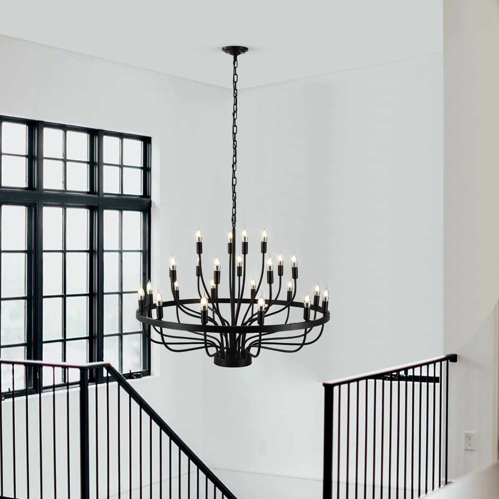 Shandaglo Black 24-Light Modern Farmhouse Chandelier, 39in Round Industrial Candle Wagon Wheel for Dining Room, Foyer, Living Room