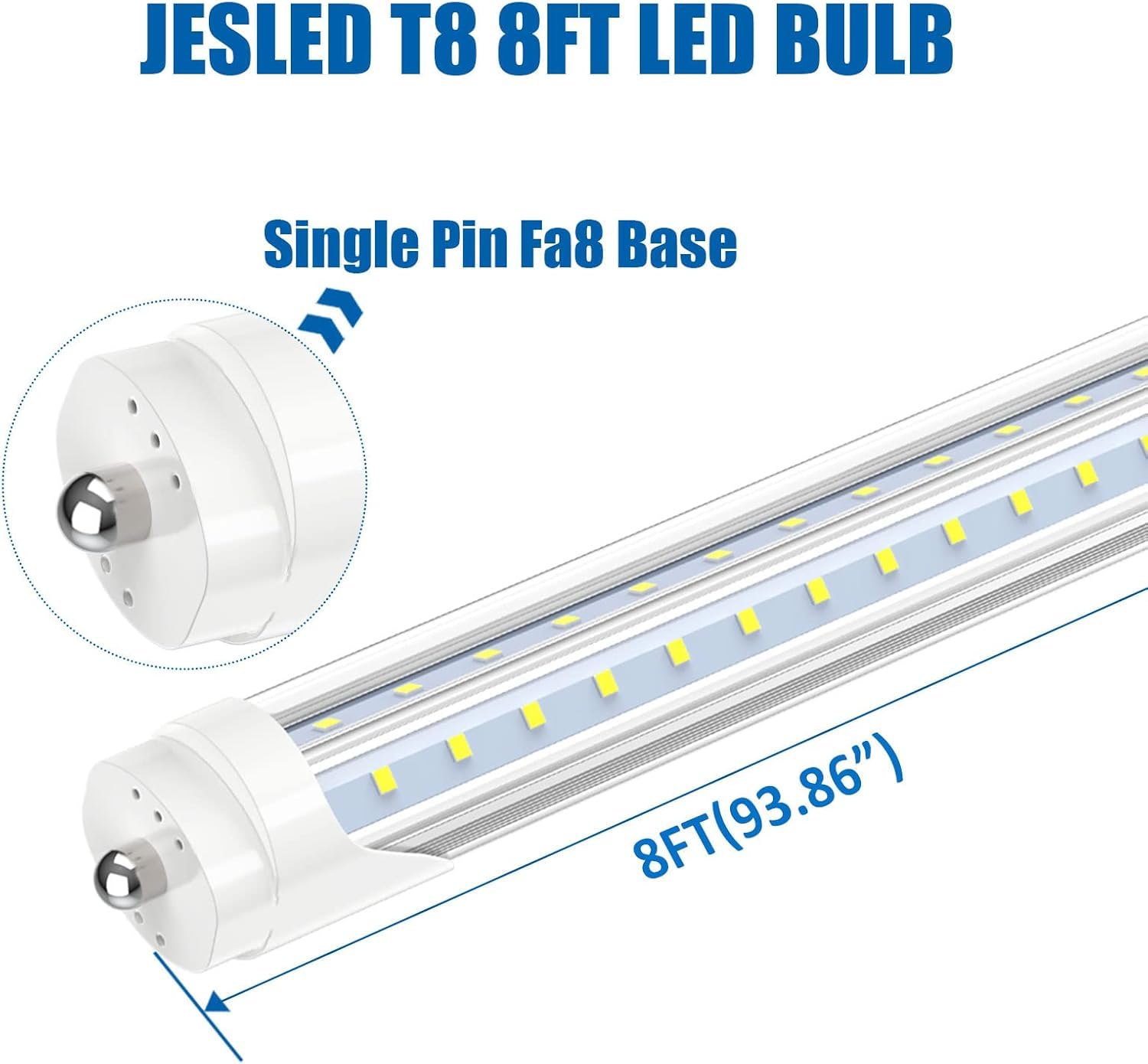 Jesled T8/T10/T12 8Ft Led Tube Light, Single Pin Fa8 Base, 50W 6000Lm 6000K Cool White, Super Bright, 270 Degree V Shaped Led Fl