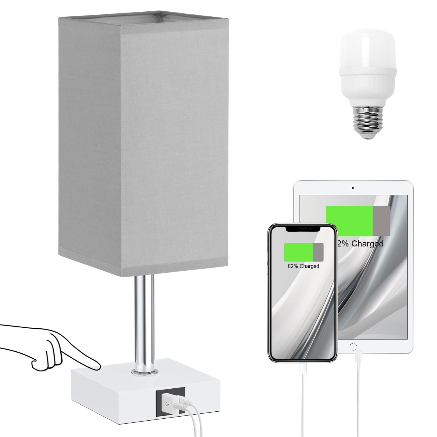 Ambimall Touch Control Table Lamp - USB A+C Charging Ports, LED Bulb Included, Grey Shade, Model RPT-1103