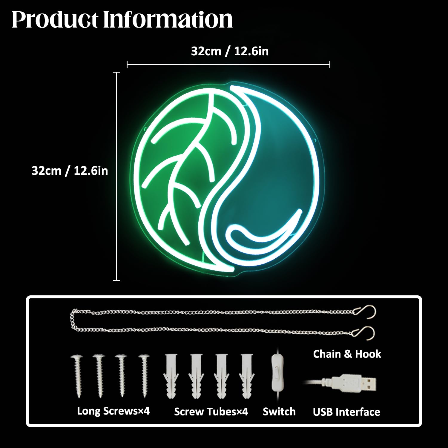 CKTBLEY Neon Sign - Yin Yang LED Light with Green Leaf & Blue Water Drop - Wall Decor for Bedroom, Living Room, Game Room
