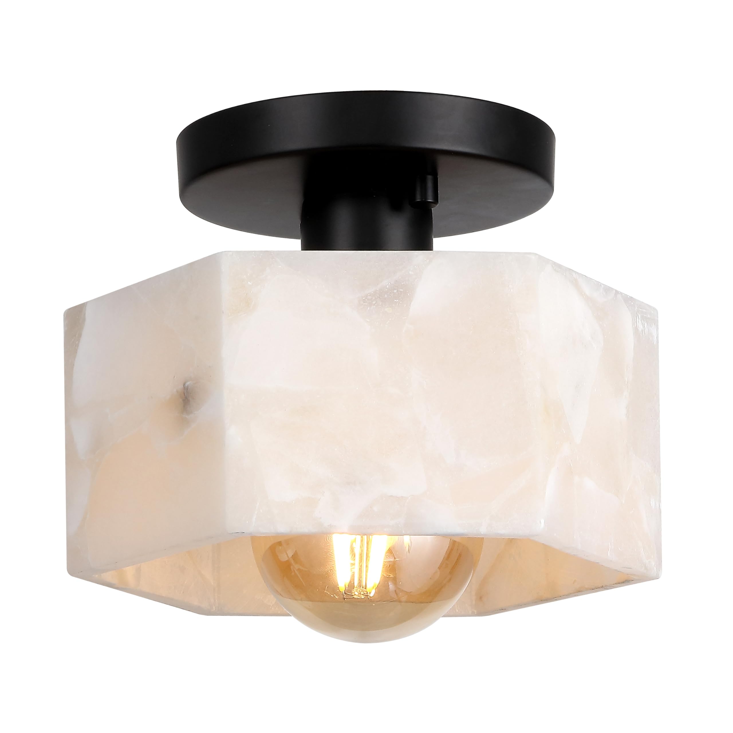 JONATHAN Y 8 White Marbling/Black Modern 1-Light Hexagonal LED Semi Flush Mount Ceiling Light, White Alabaster Marble Shade, Gla