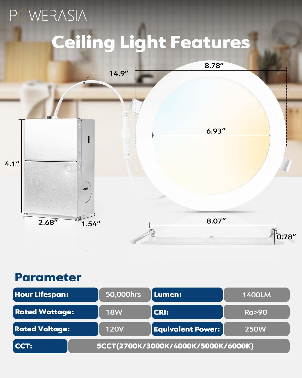 6 Pack Recessed Lighting 8 Inch With Junction Box, 5Cct 8 Inch Led Recessed Lights Dimmable 2700K/3000K/4000K/5000K/6000K, 18W 1